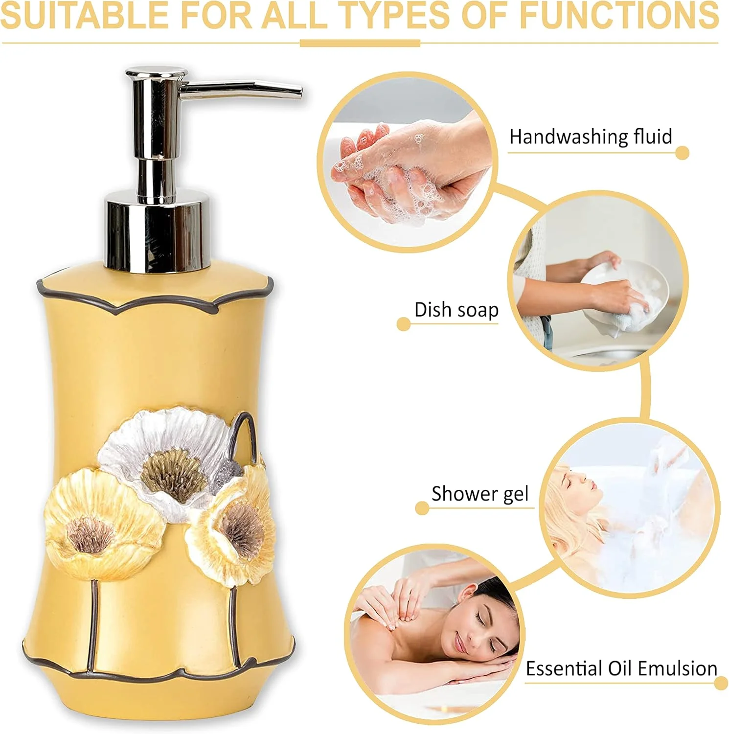 مجموعه لوازم جانبی حمام 4 تکه طرح گل های خشخاش زرد زهاری هوم شامل جای مایع دستشویی، لیوان، جا مسواکی و جا صابونی، دکوراسیون مدرن و معاصر، مجموعه کامل لوازم حمام به همراه پرده حمام