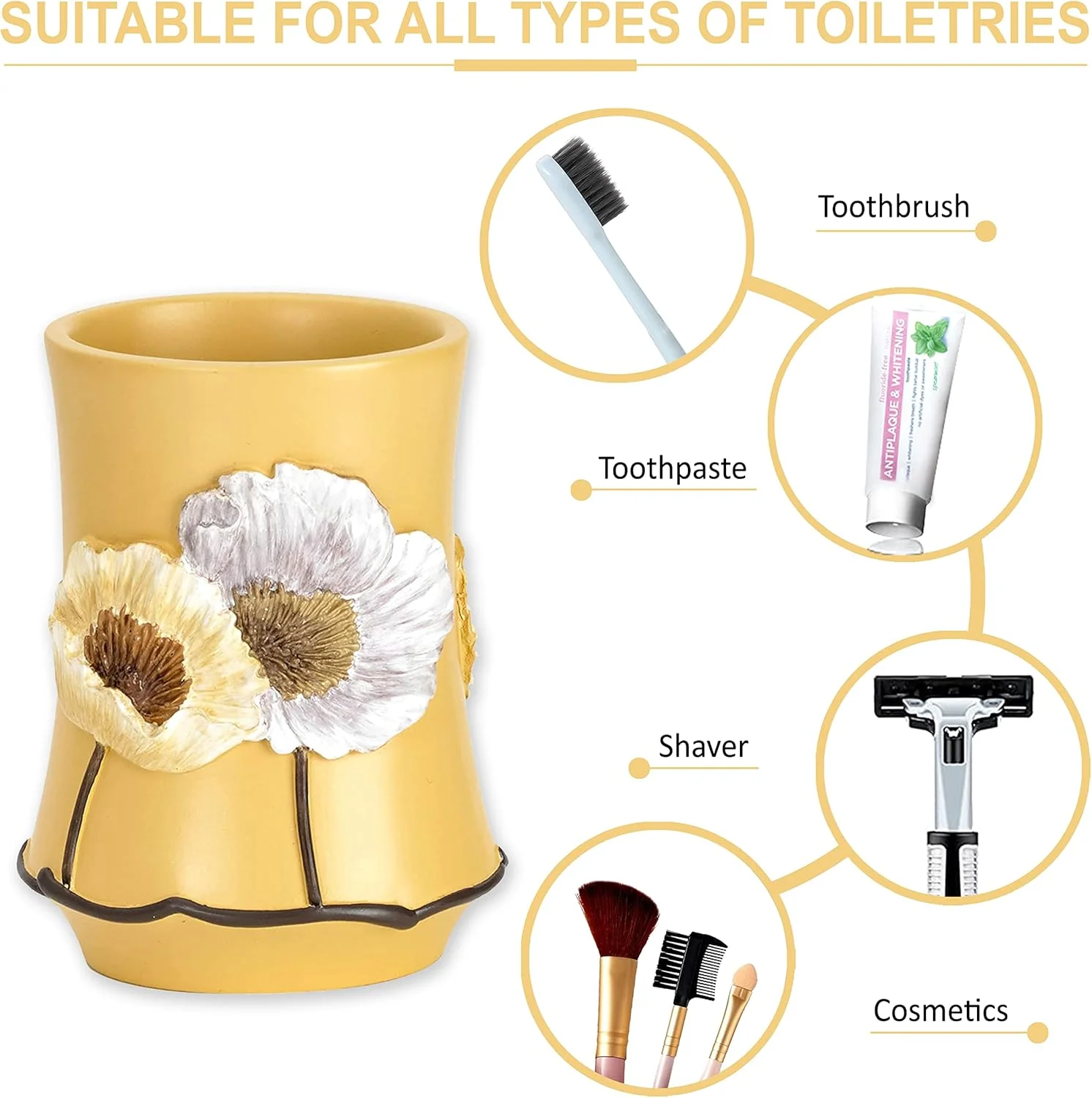 مجموعه لوازم جانبی حمام 4 تکه طرح گل های خشخاش زرد زهاری هوم شامل جای مایع دستشویی، لیوان، جا مسواکی و جا صابونی، دکوراسیون مدرن و معاصر، مجموعه کامل لوازم حمام به همراه پرده حمام