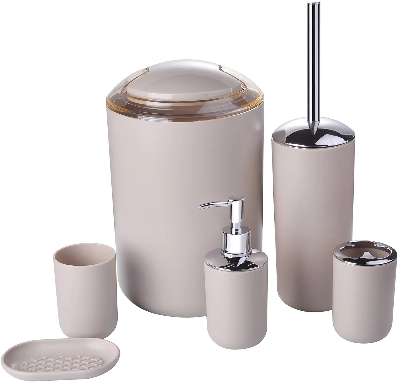 ست لوازم جانبی حمام Zuvo، مجموعه 6 تکه شامل جا مایع صابون، جا مسواکی، لیوان، جا صابونی برای دکوراسیون روی میز و هدیه خانه نویی، رنگ کرم ست لوازم جانبی حمام Zuvo، مجموعه 6 تکه شامل جا مایع صابون، جا مسواکی، لیوان، جا صابونی برای دکوراسیون روی میز و هدیه خانه نویی، رنگ کرم