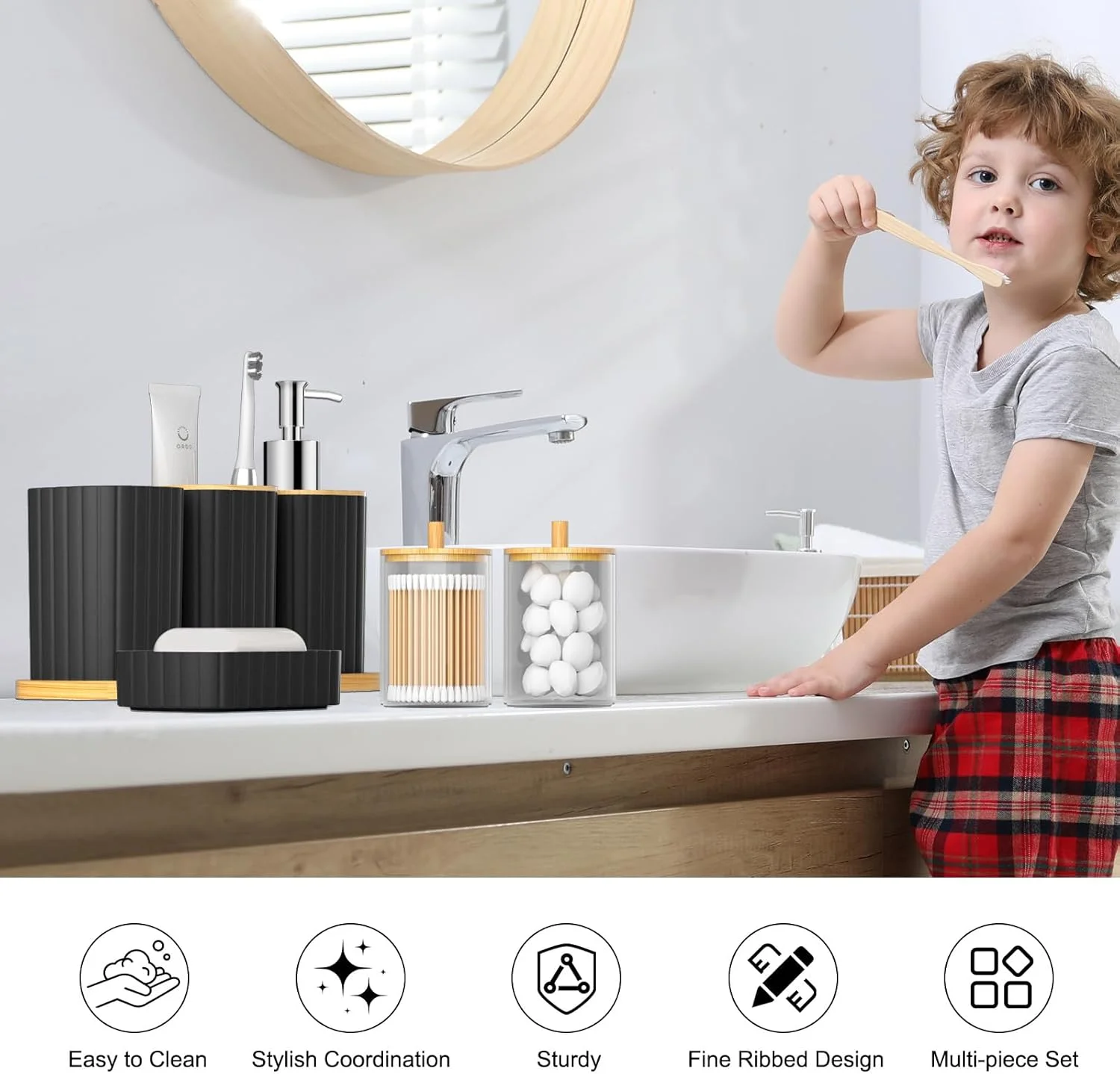 ست لوازم جانبی حمام Z ZONAMA - ست 22 تکه مشکی حمام شامل پرده حمام، سطل زباله، جا برس توالت و جا مایع صابون - دکور شیک و کاربردی حمام برای خانه و آپارتمان