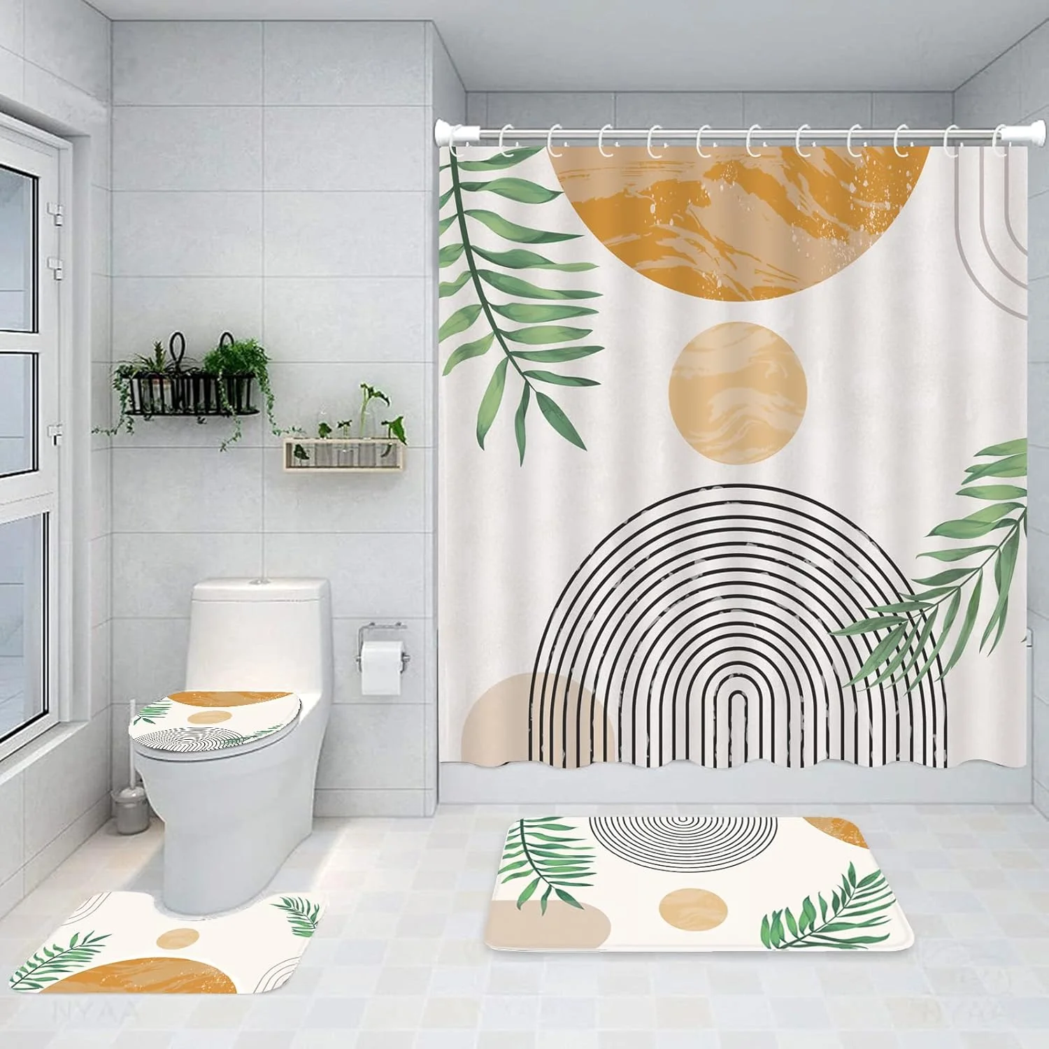 پرده حمام مدرن اواسط قرن، ست پرده حمام مشکی بوهو با پادری، ست لوازم دکوری حمام مشکی انتزاعی با پرده حمام و پادری پرده حمام مدرن اواسط قرن، ست پرده حمام مشکی بوهو با پادری، ست لوازم دکوری حمام مشکی انتزاعی با پرده حمام و پادری