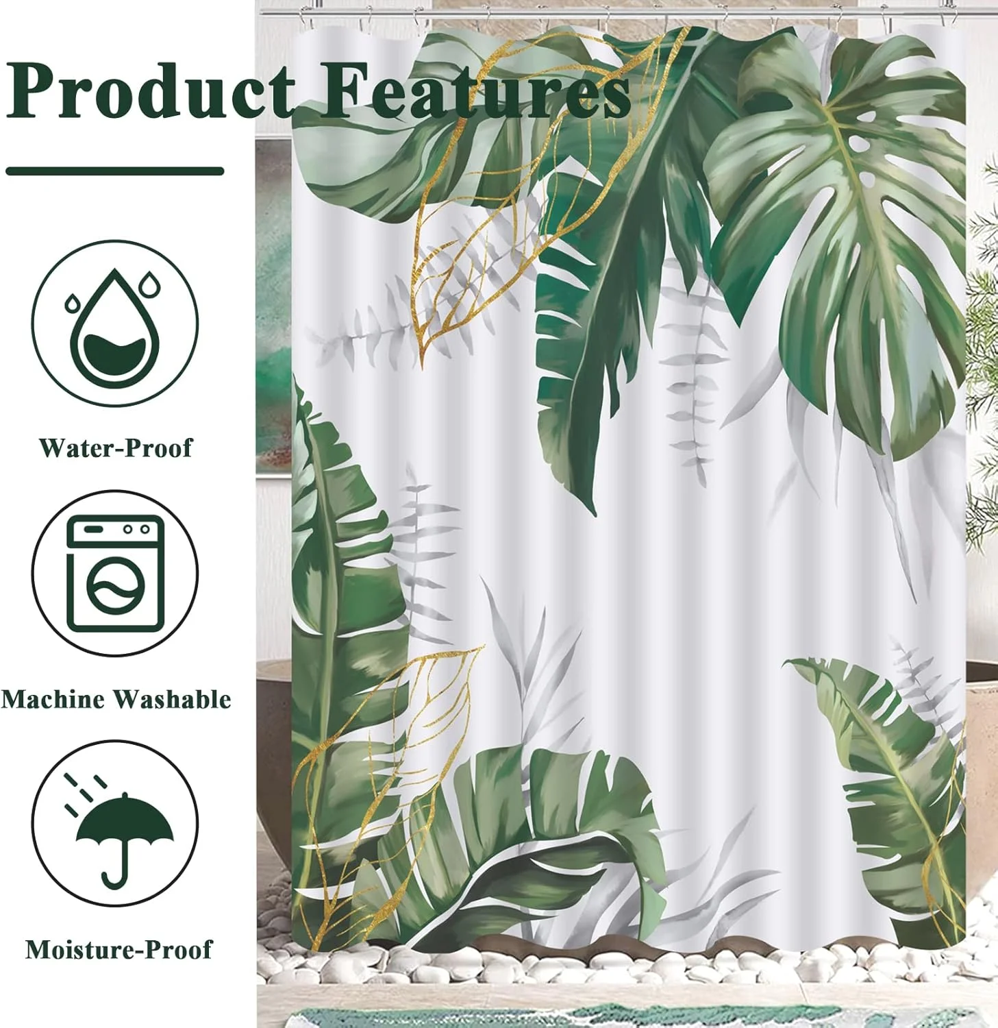 پرده حمام طرح برگ لاک پشتی سبز ZYLLGLOW، ست پرده حمام طرح گیاهان بوهو با زیرانداز، لوازم دکوری انتزاعی حمام، ست حمام با پرده و زیرانداز، ست پرده طرح برگ