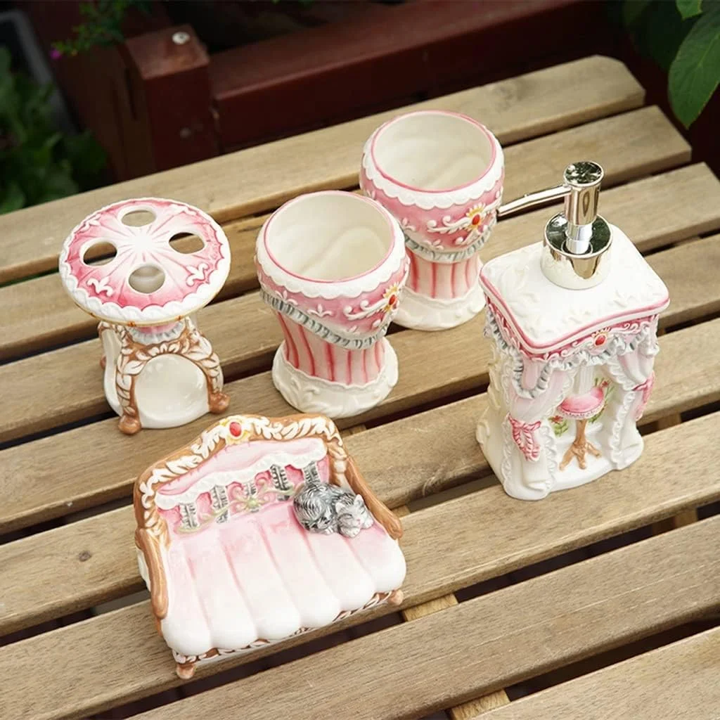 ست لوازم سرامیکی 5 تکه حمام شامل جای مسواک و جای صابون، ست دکور حمام ست لوازم سرامیکی 5 تکه حمام شامل جای مسواک و جای صابون، ست دکور حمام