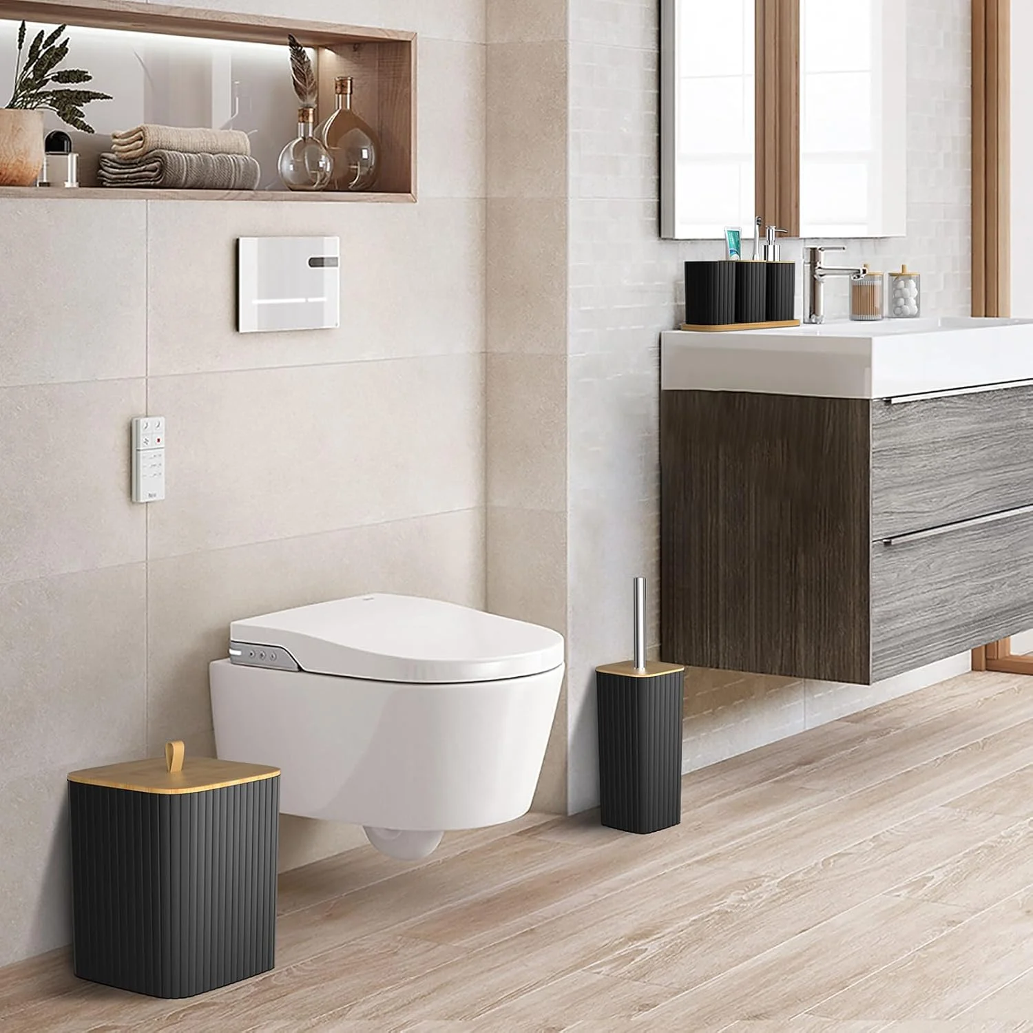 ست لوازم جانبی حمام Z ZONAMA - ست 22 تکه مشکی حمام شامل پرده حمام، سطل زباله، جا برس توالت و جا مایع صابون - دکور شیک و کاربردی حمام برای خانه و آپارتمان