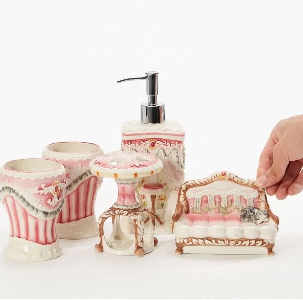 ست لوازم سرامیکی 5 تکه حمام شامل جای مسواک و جای صابون، ست دکور حمام ست لوازم سرامیکی 5 تکه حمام شامل جای مسواک و جای صابون، ست دکور حمام