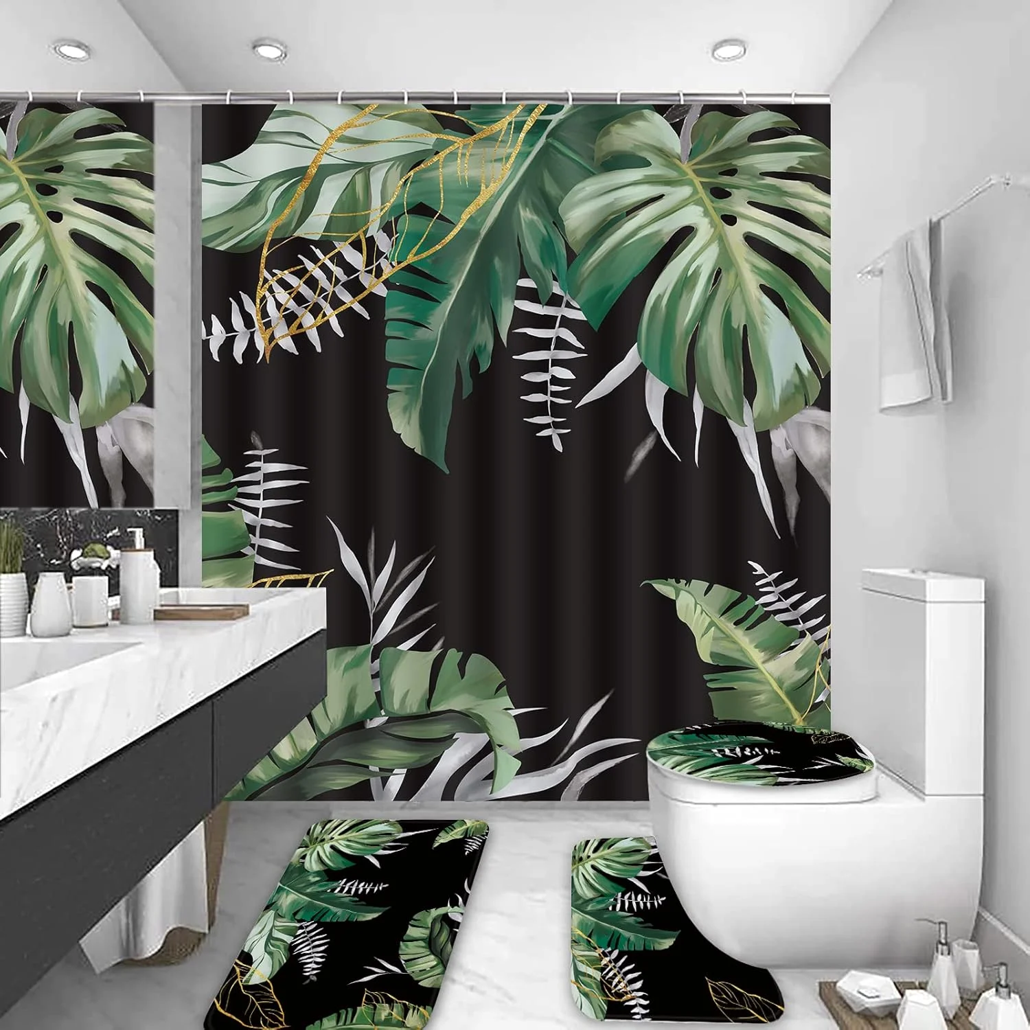 پرده حمام طرح برگ لاک پشتی سبز به همراه ست فرش، پرده حمام طرح گیاهان بوهو به همراه فرش، لوازم تزئینی حمام انتزاعی به همراه پرده و فرش، ست پرده طرح برگ پرده حمام طرح برگ لاک پشتی سبز به همراه ست فرش، پرده حمام طرح گیاهان بوهو به همراه فرش، لوازم تزئینی حمام انتزاعی به همراه پرده و فرش، ست پرده طرح برگ