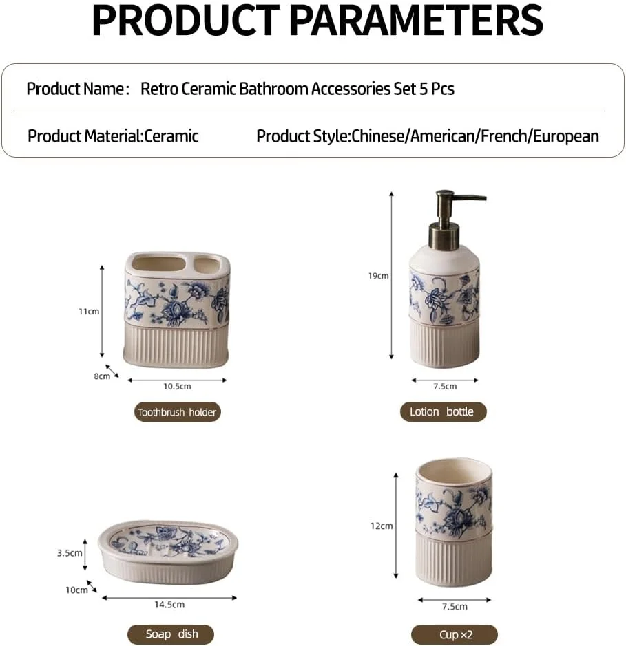 ست لوازم جانبی حمام 5 تکه گلدار آبی وینتیج، سرامیک ترک یخی شامل جا مایع صابون، جا مسواکی، لیوان و جا صابونی، دکور حمام، هدیه برای زنان و مردان خانه آپارتمان ست لوازم جانبی حمام 5 تکه گلدار آبی وینتیج، سرامیک ترک یخی شامل جا مایع صابون، جا مسواکی، لیوان و جا صابونی، دکور حمام، هدیه برای زنان و مردان خانه آپارتمان
