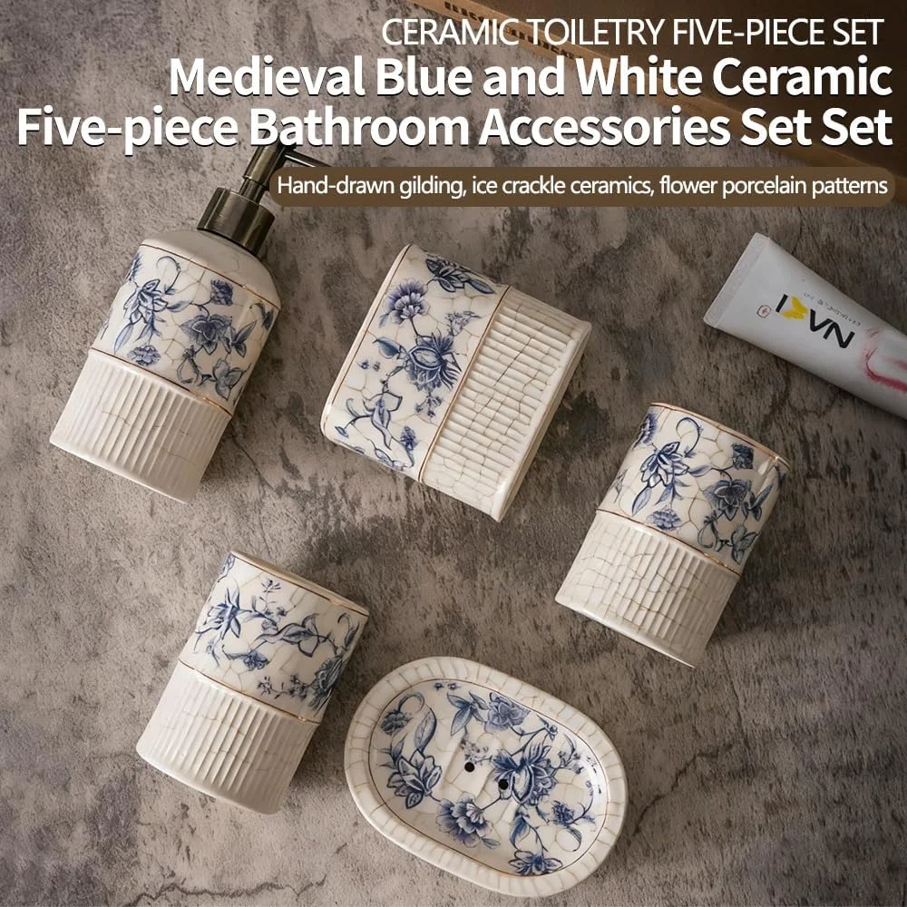 ست لوازم جانبی حمام 5 تکه گلدار آبی وینتیج، سرامیک ترک یخی شامل جا مایع صابون، جا مسواکی، لیوان و جا صابونی، دکور حمام، هدیه برای زنان و مردان خانه آپارتمان ست لوازم جانبی حمام 5 تکه گلدار آبی وینتیج، سرامیک ترک یخی شامل جا مایع صابون، جا مسواکی، لیوان و جا صابونی، دکور حمام، هدیه برای زنان و مردان خانه آپارتمان