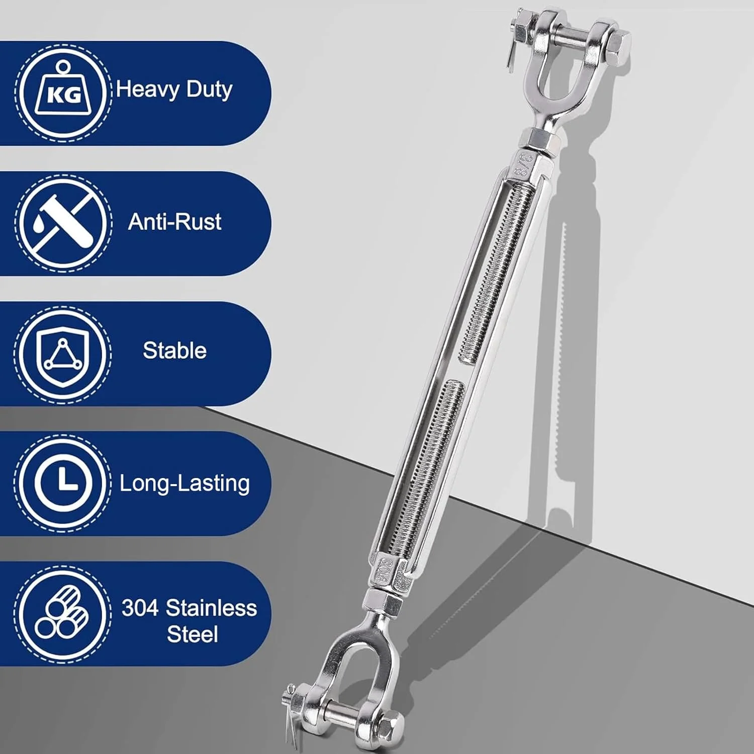 مهارکش چنگکی 3/8 M10 استیل 304، ظرفیت بار کاری 1451 کیلوگرم، مهارکش فک و فک برای کابل ها، سیم بکسل و سایبان