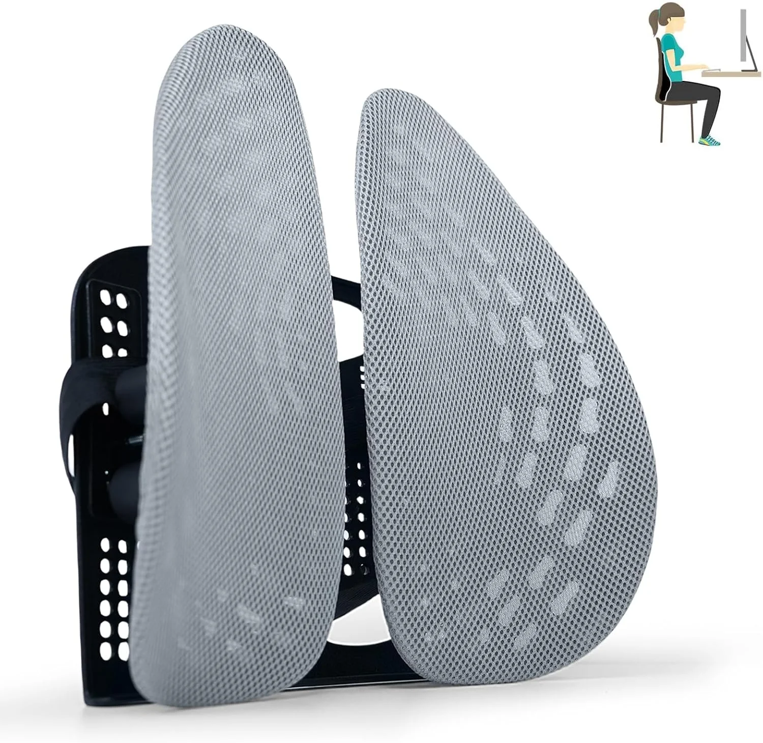 بالشتک پشتی کمری قابل تنظیم برای صندلی اداری با توری تنفسی، بالشتک کمری فنری الاستیک با 5 سطح ارتفاع، پشتی صندلی برای بهبود وضعیت بدن و تسکین درد کمر (خاکستری)