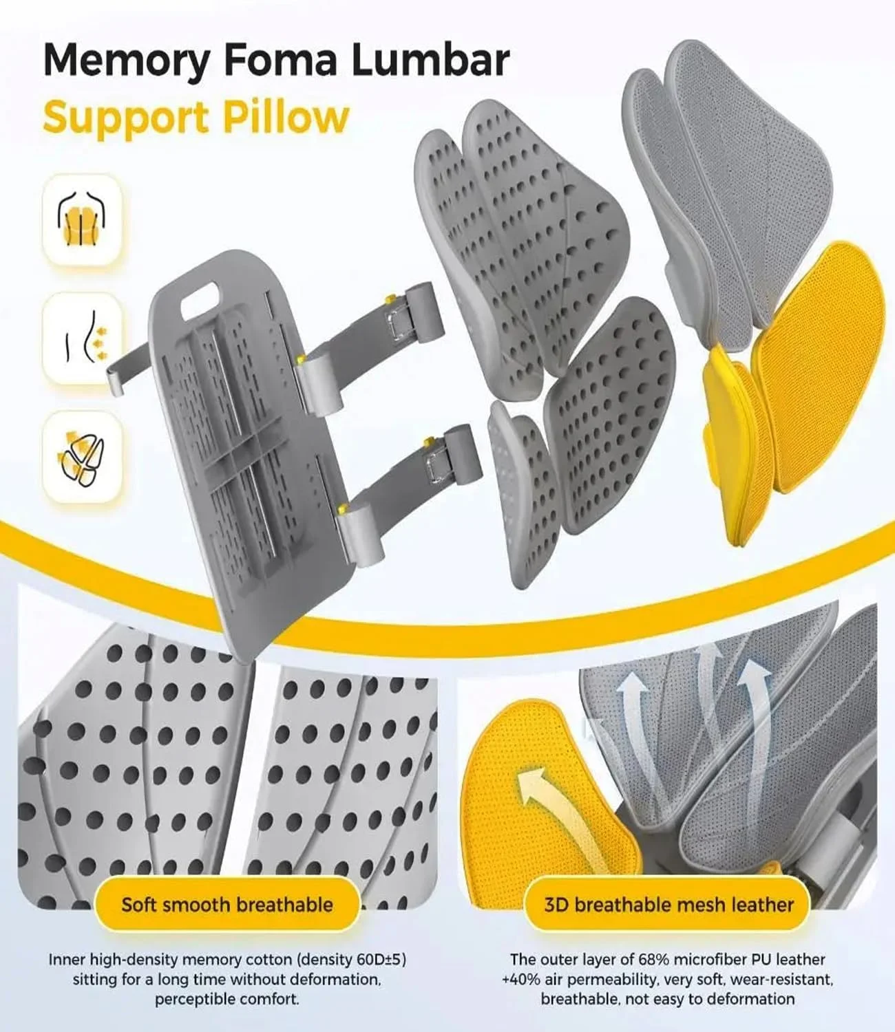 بالشتک طبی پشتی آداک، توری تنفسی، سفید، زرد، فوم حافظه دار، 38x36x12 سانتی متر، ارتفاع قابل تنظیم، پشتی قابل حمل برای صندلی ماشین، اداری، منزل بالشتک طبی پشتی آداک، توری تنفسی، سفید، زرد، فوم حافظه دار، 38x36x12 سانتی متر، ارتفاع قابل تنظیم، پشتی قابل حمل برای صندلی ماشین، اداری، منزل