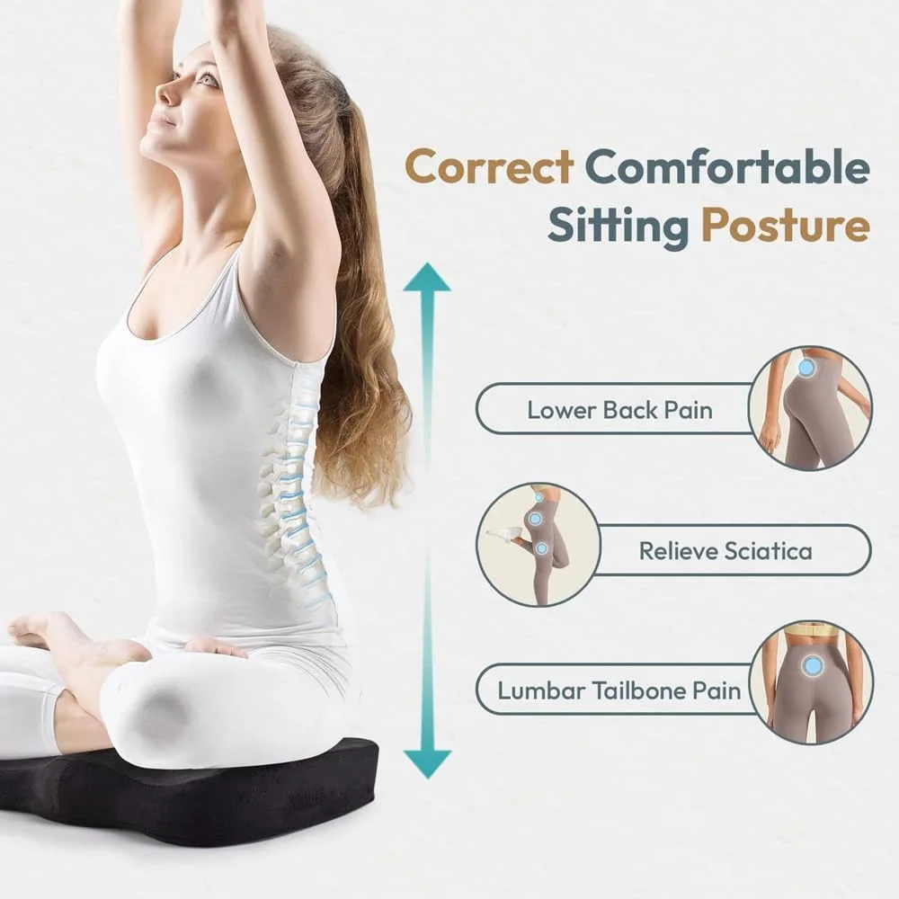 بالشتک صندلی فوم حافظه دار AMERTEER برای صندلی اداری، تسکین درد دنبالچه و استخوان خاجی، بالشتک سیاتیک ارتوپدی، پد صندلی ارگونومیک برای ماشین، ویلچر و نشستن طولانی مدت (مشکی)