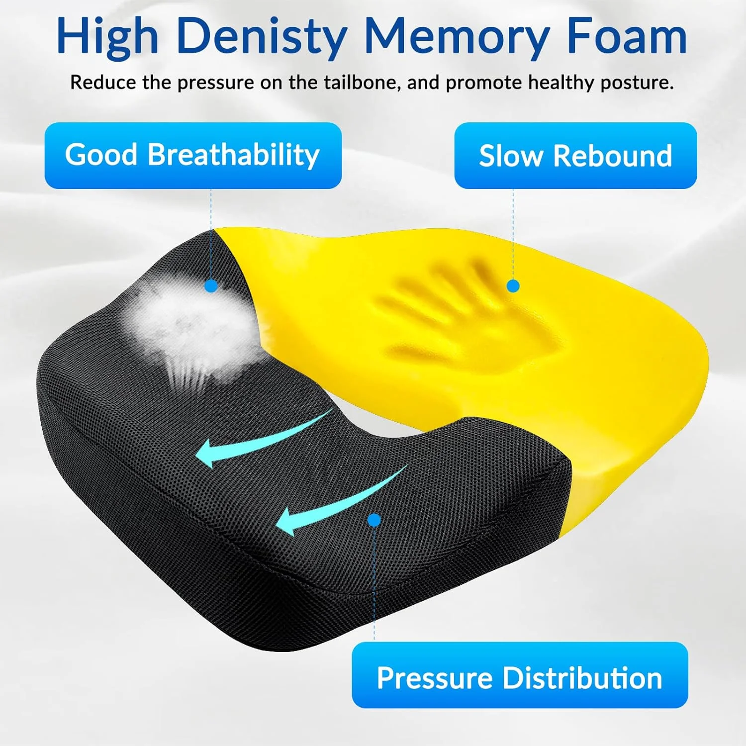 بالشتک صندلی برای تسکین درد دنبالچه، سیاتیک، هموروئید و کمر - فوم حافظه دار، طراحی ارگونومیک برای پشتیبانی از وضعیت بدنی - کاهش درد، مناسب برای صندلی اداری، ویلچر، صندلی ماشین، میز و صندلی تکیه گاه (مشکی)