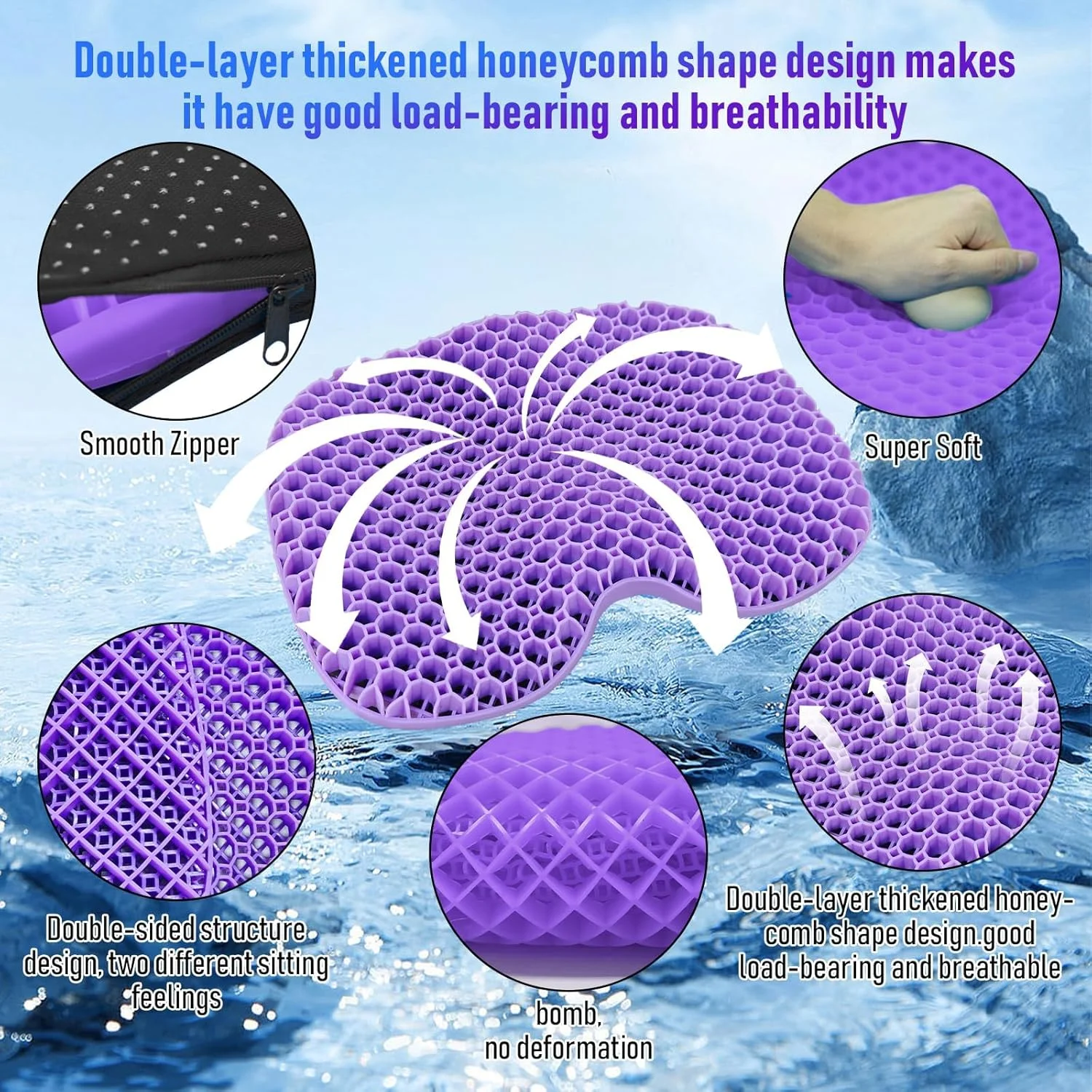 بالشتک صندلی کایاک، ضخیم ضد لغزش ضد آب ژله ای، پد قایق بادی لاستیکی قابل حمل برای استادیوم، مناسب برای کایاک بادی ماهیگیری و لوازم جانبی کایاک (بنفش)