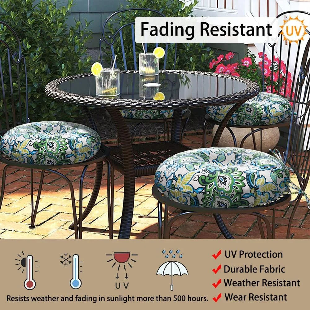 بالشتک های صندلی داخلی/خارجی، پدهای صندلی پاسیو مقاوم در برابر آب و هوا با بند، بالشتک های راحت صندلی گرد بیسترو برای دکوراسیون مبلمان منزل، اداره و باغ 38x38x10 سانتی متر، بسته 2 عددی، طرح گل آبی سبز