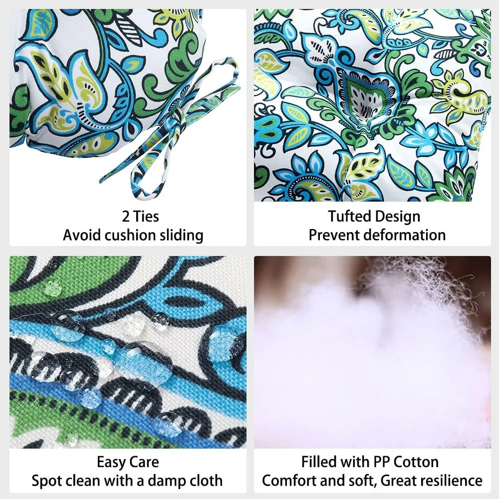 بالشتک های صندلی داخلی/خارجی، پدهای صندلی پاسیو مقاوم در برابر آب و هوا با بند، بالشتک های راحت صندلی گرد بیسترو برای دکوراسیون مبلمان منزل، اداره و باغ 38x38x10 سانتی متر، بسته 2 عددی، طرح گل آبی سبز