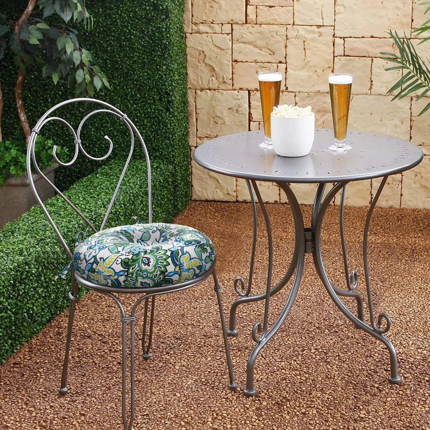 بالشتک های صندلی داخلی/خارجی، پدهای صندلی پاسیو مقاوم در برابر آب و هوا با بند، بالشتک های راحت صندلی گرد بیسترو برای دکوراسیون مبلمان منزل، اداره و باغ 38x38x10 سانتی متر، بسته 2 عددی، طرح گل آبی سبز