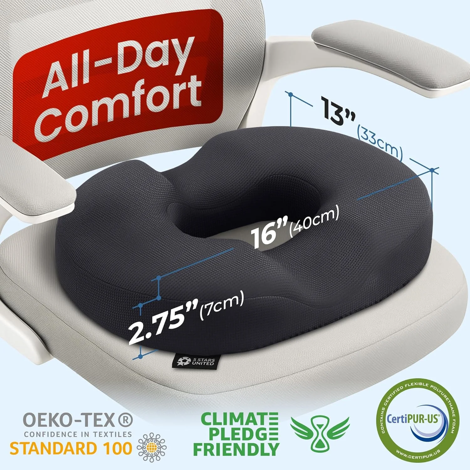 بالشتک دوناتی هموروئید دنبالچه - فوم حافظه‌دار 100% - تسکین درد بعد از عمل جراحی، سیاتیک، زخم بستر، دنبالچه - پد صندلی طبی و سفت برای خانه، دفتر، ماشین