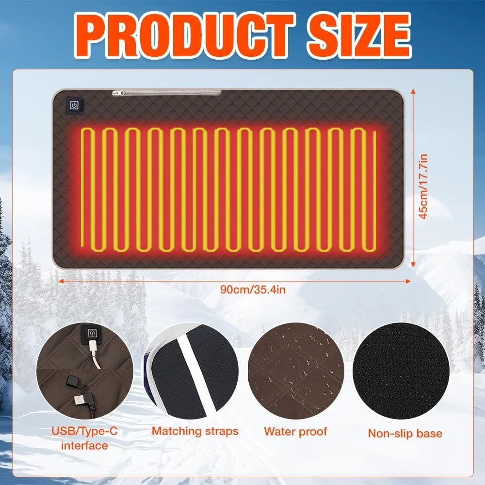 بالشتک صندلی گرم شونده، بالشتک گرم شونده تاشو USB، پد گرمایشی قابل حمل، دمای قابل تنظیم، برای استادیوم، کمپینگ، پیاده روی (قهوه ای)