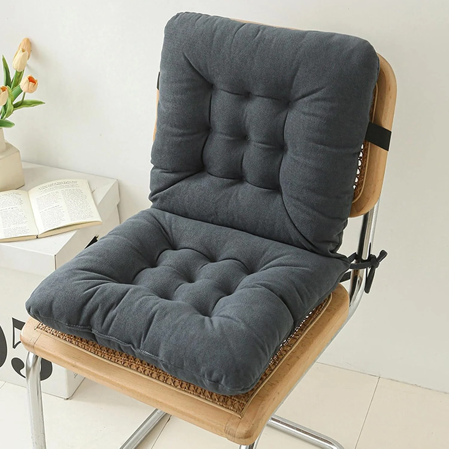 بالشتک صندلی اداری با پشتیبانی کمری، پد صندلی پنبه‌ای PP با بندهای قابل تنظیم، پشتیبانی ارگونومیک کمر (مشکی)