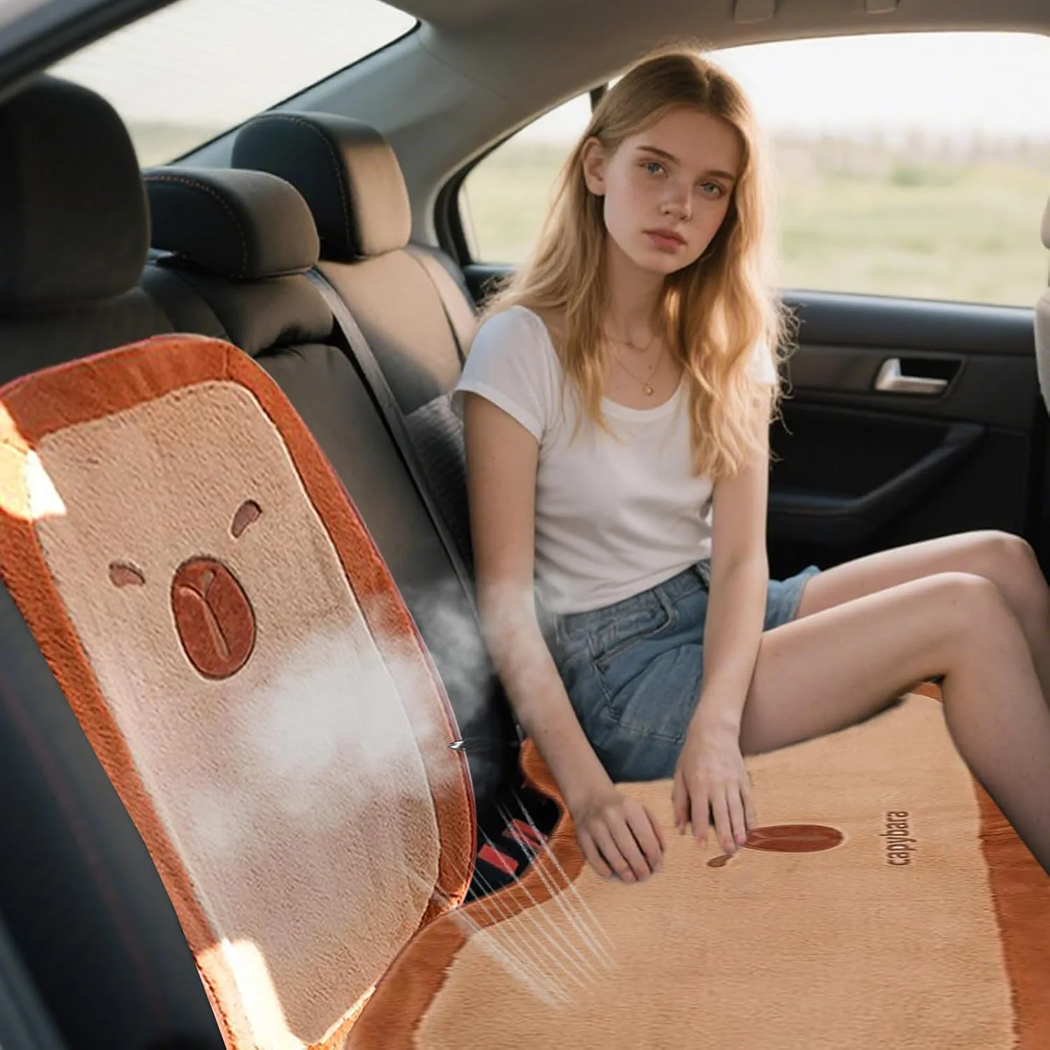 بالشتک صندلی خودرو | روکش صندلی جلوی پولیشی طرح کاپیبارا، پد راحت برای خانه، شاسی بلند، ون، سفر جاده ای، رانندگی طولانی مدت