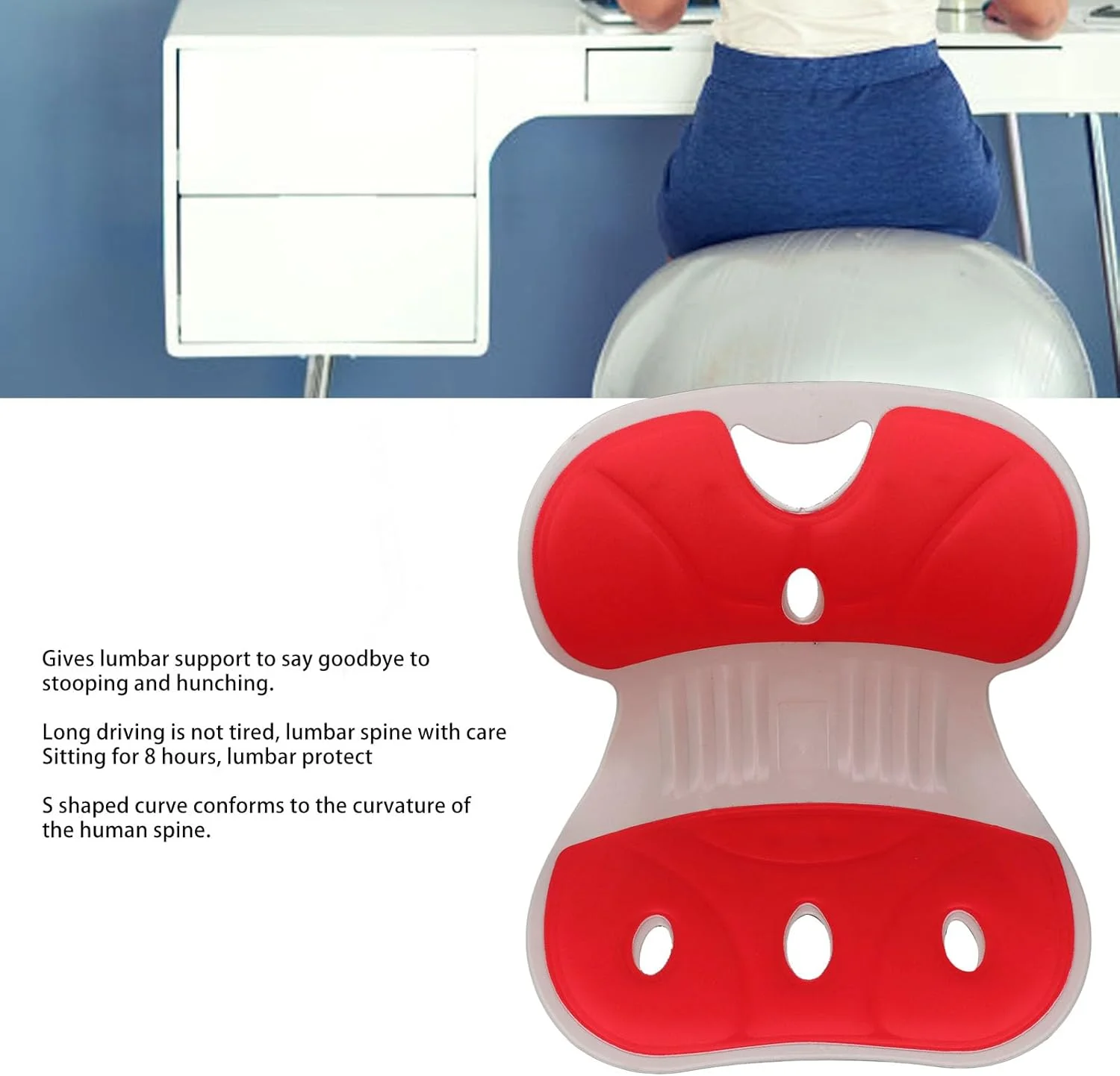 بالشتک پشتی صندلی اداری Asixxsix، پشتیبانی کمری ارگونومیک به شکل گلبرگ برای صندلی اداری، صندلی اصلاح کننده وضعیت بدن برای اصلاح وضعیت بدن و تسکین درد کمر (قرمز)
