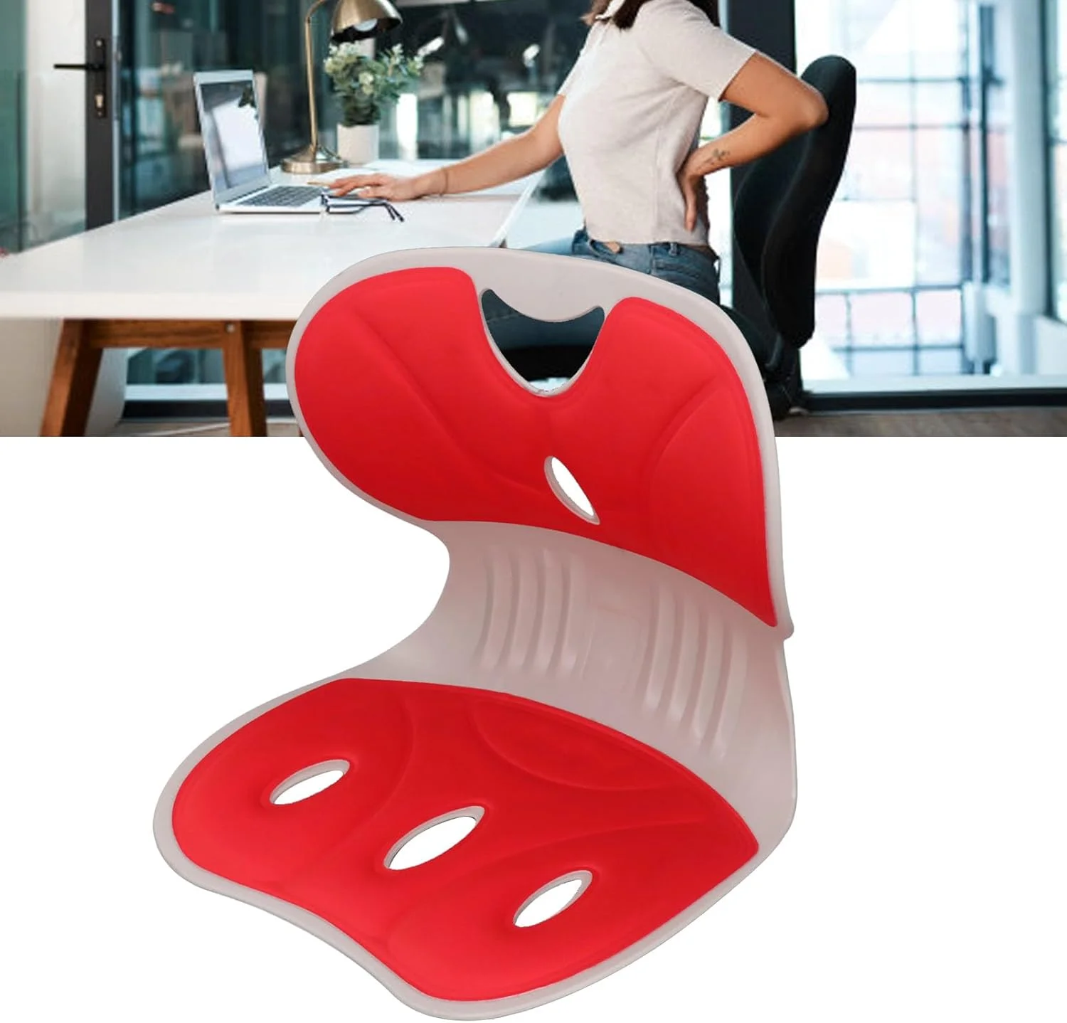 بالشتک پشتی صندلی اداری Asixxsix، پشتیبانی کمری ارگونومیک به شکل گلبرگ برای صندلی اداری، صندلی اصلاح کننده وضعیت بدن برای اصلاح وضعیت بدن و تسکین درد کمر (قرمز)