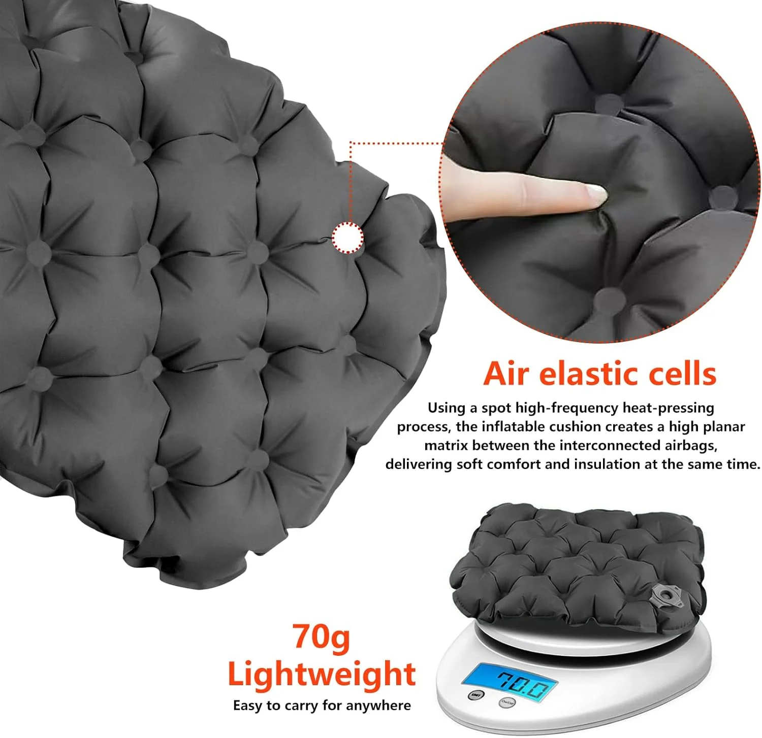 بالشتک صندلی بادی، پد بالشتک هوای تاشو سبک وزن برای راحتی نشستن طولانی مدت - بالشتک مسافرتی قابل حمل برای هواپیما، ماشین، کمپینگ، دفتر و استادیوم (خاکستری تیره)