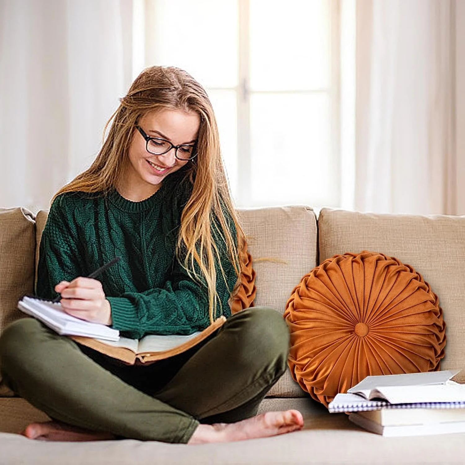 کوسن طرح کدو تنبل - کوسن مخملی طرح کدو تنبل، کوسن گرد چین دار مخملی برای مبل، اتاق نشیمن، تخت، دفاتر، کاناپه و صندلی