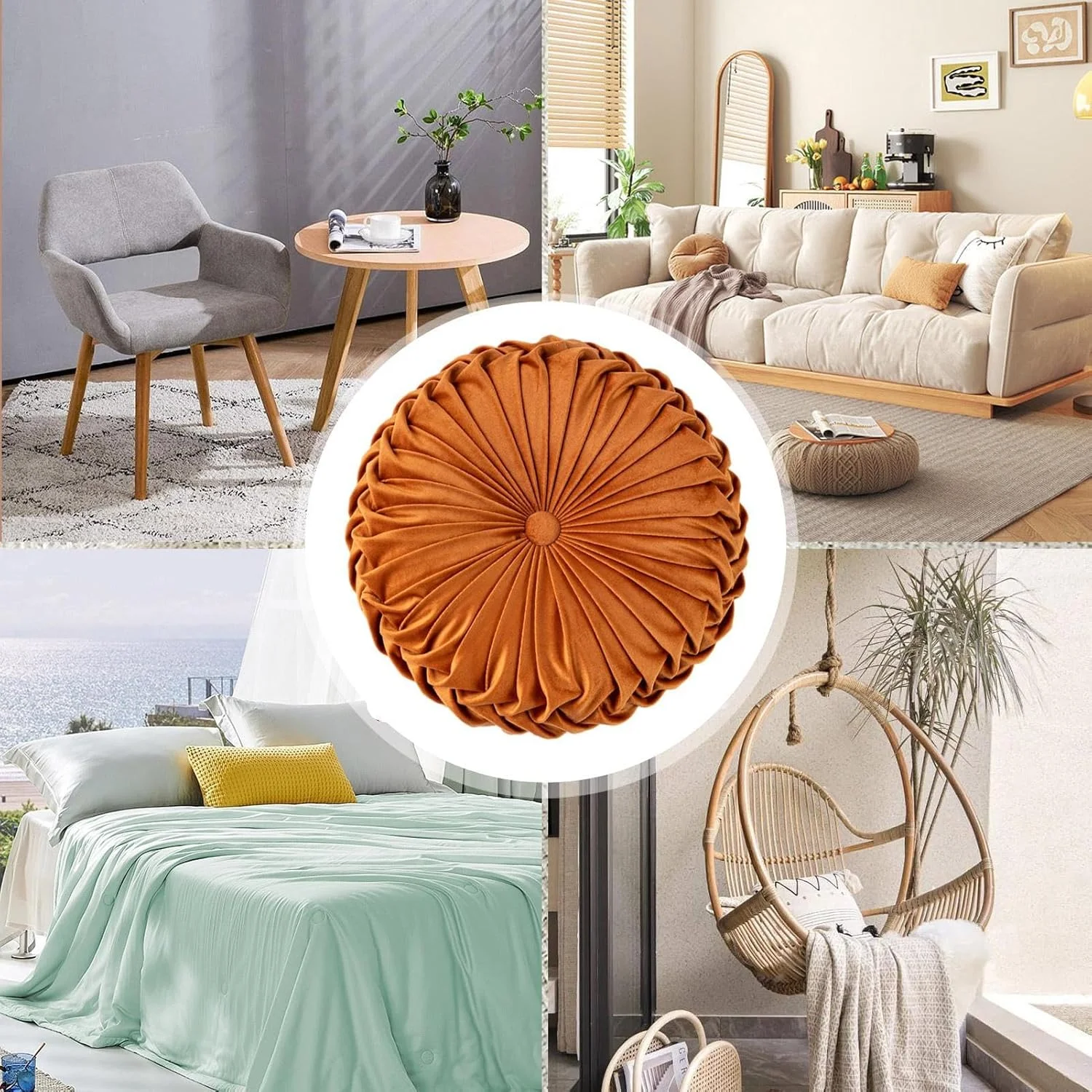 کوسن طرح کدو تنبل - کوسن مخملی طرح کدو تنبل، کوسن گرد چین دار مخملی برای مبل، اتاق نشیمن، تخت، دفاتر، کاناپه و صندلی