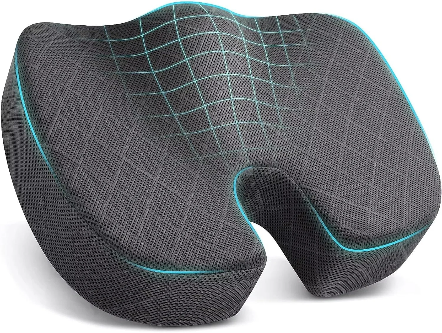بالشتک صندلی فوم حافظه‌دار ممتاز، طراحی U شکل، پشتیبانی با چگالی بالا، روکش توری تنفسی، خاکستری