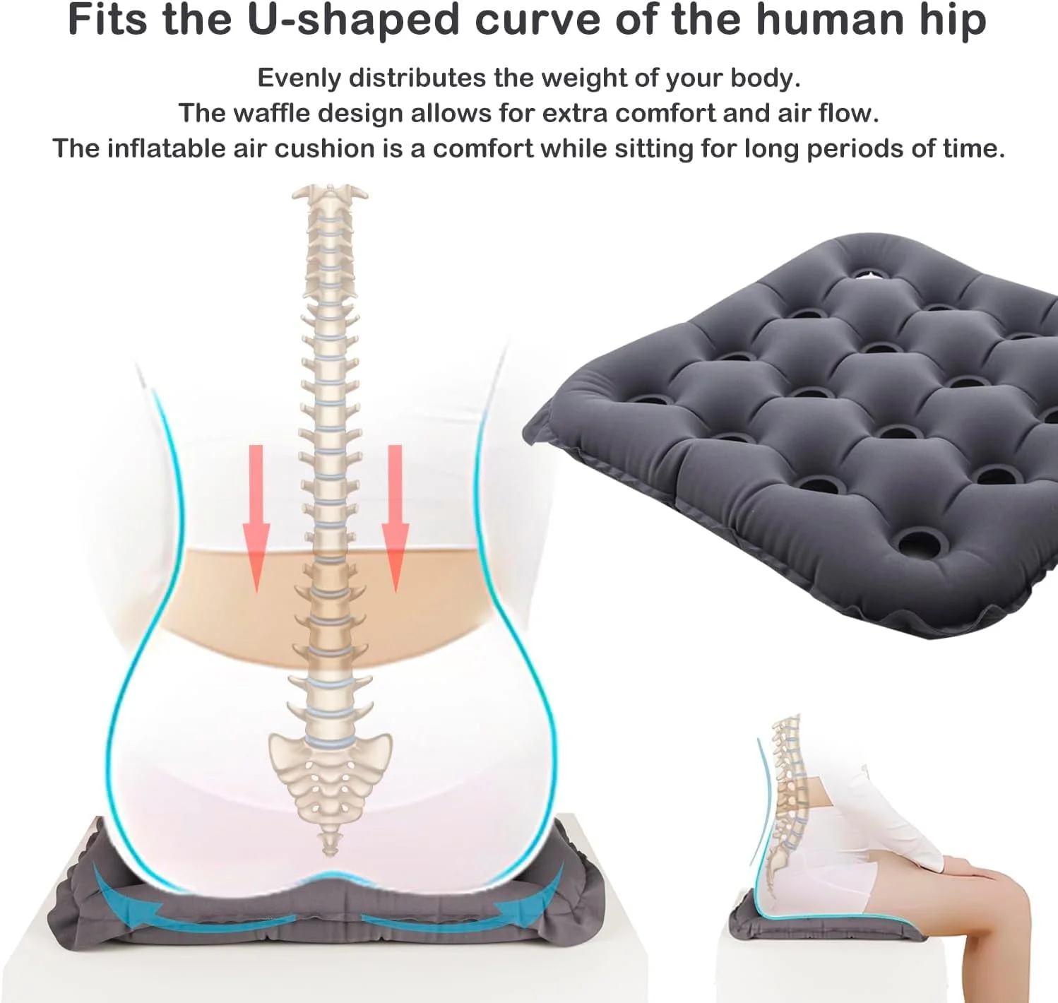 بالشتک صندلی بادی، پد صندلی هوای قابل حمل برای کاهش فشار با طراحی وافل تنفسی، پشتیبانی راحت برای نشستن طولانی مدت روی صندلی های اداری، صندلی ماشین و ویلچر