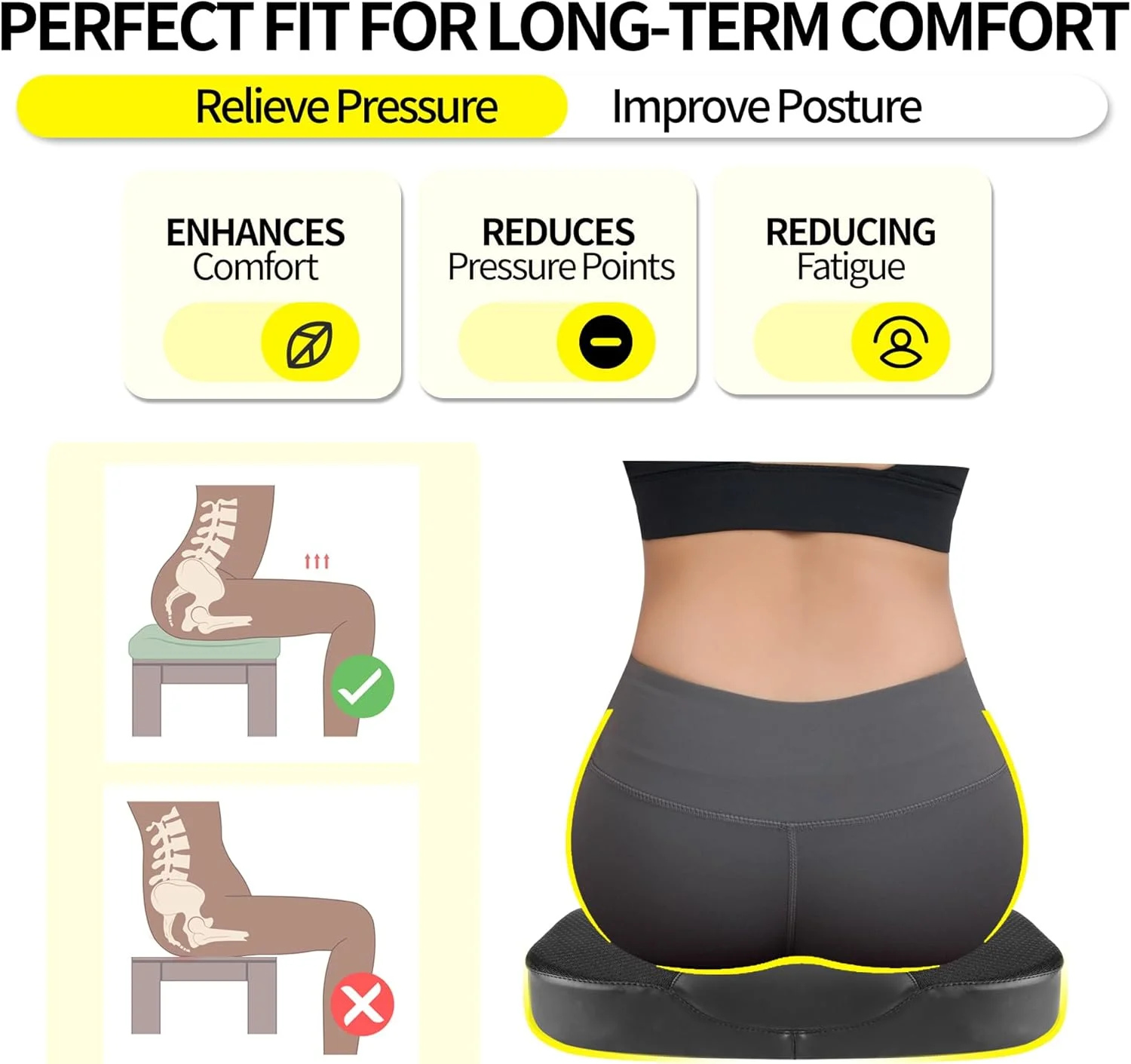 بالشتک صندلی خودرو LARROUS - بالشتک صندلی فوم حافظه دار راحت برای راننده، پد تسکین درد دنبالچه (Coccyx)، بالشتک صندلی خودرو برای رانندگی، بالشتک صندلی اداری (مشکی)