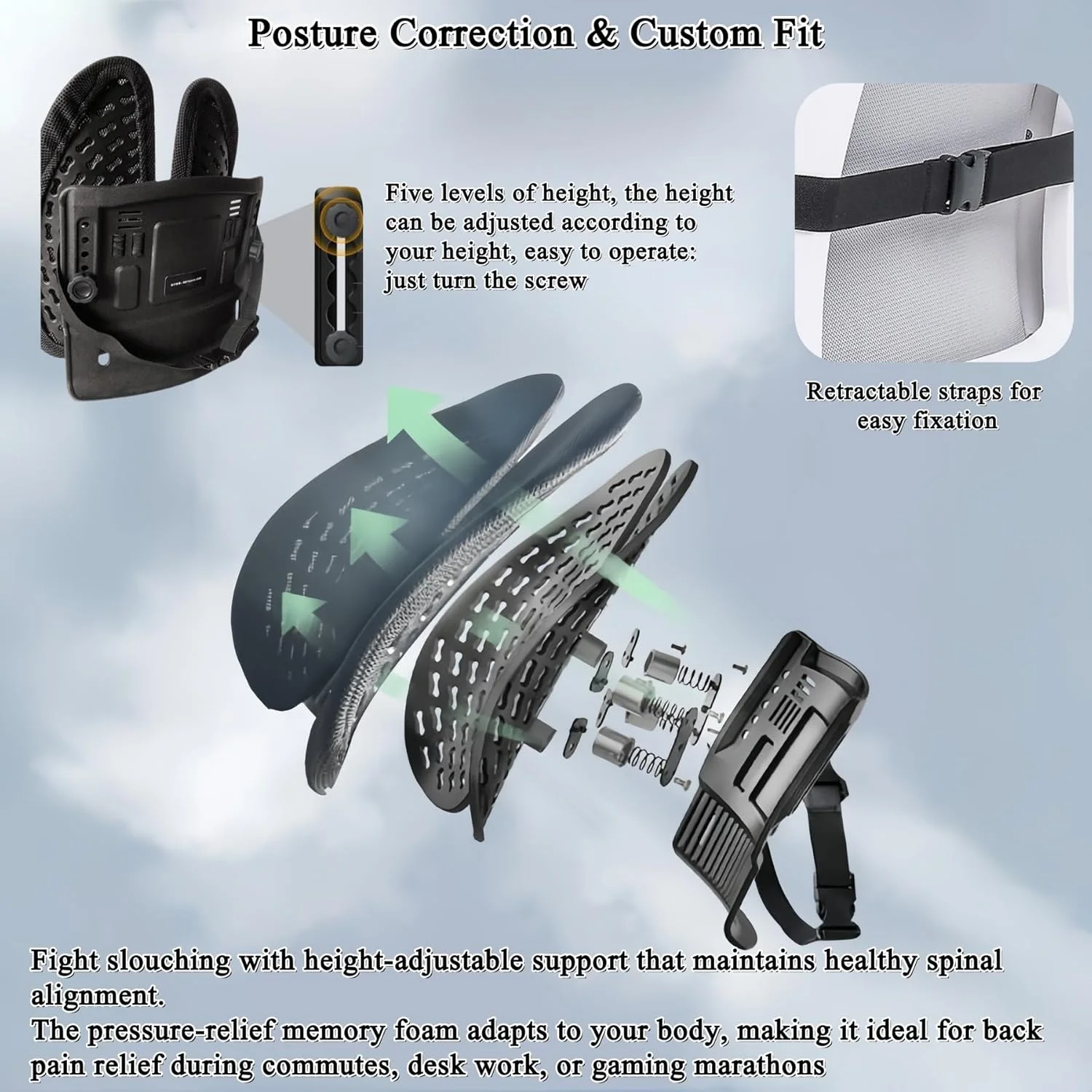 بالشتک پشتی طبی قابل تنظیم، کوسن فوم حافظه‌دار ارگونومیک با توری تنفسی برای صندلی اداری، صندلی ماشین و بازی، تسکین درد کمر