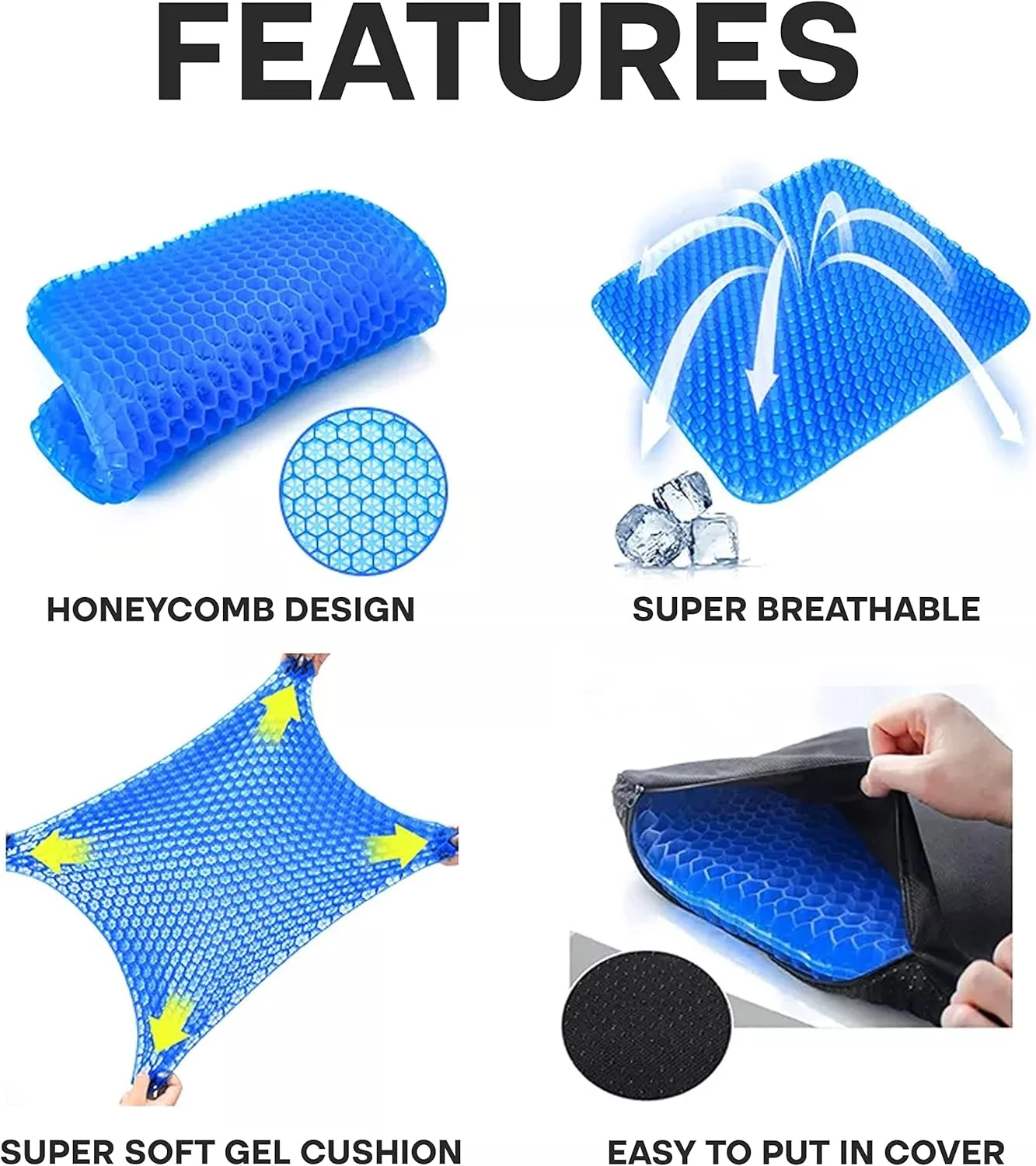 بالشتک صندلی ژله ای فوق بزرگ، 18 اینچی، بالشتک صندلی دنبالچه ضخیم با طراحی لانه زنبوری بزرگ و تنفس پذیر، جذب کننده فشار، بالشتک صندلی خنک کننده با روکش ضد لغزش برای صندلی اداری (آبی)