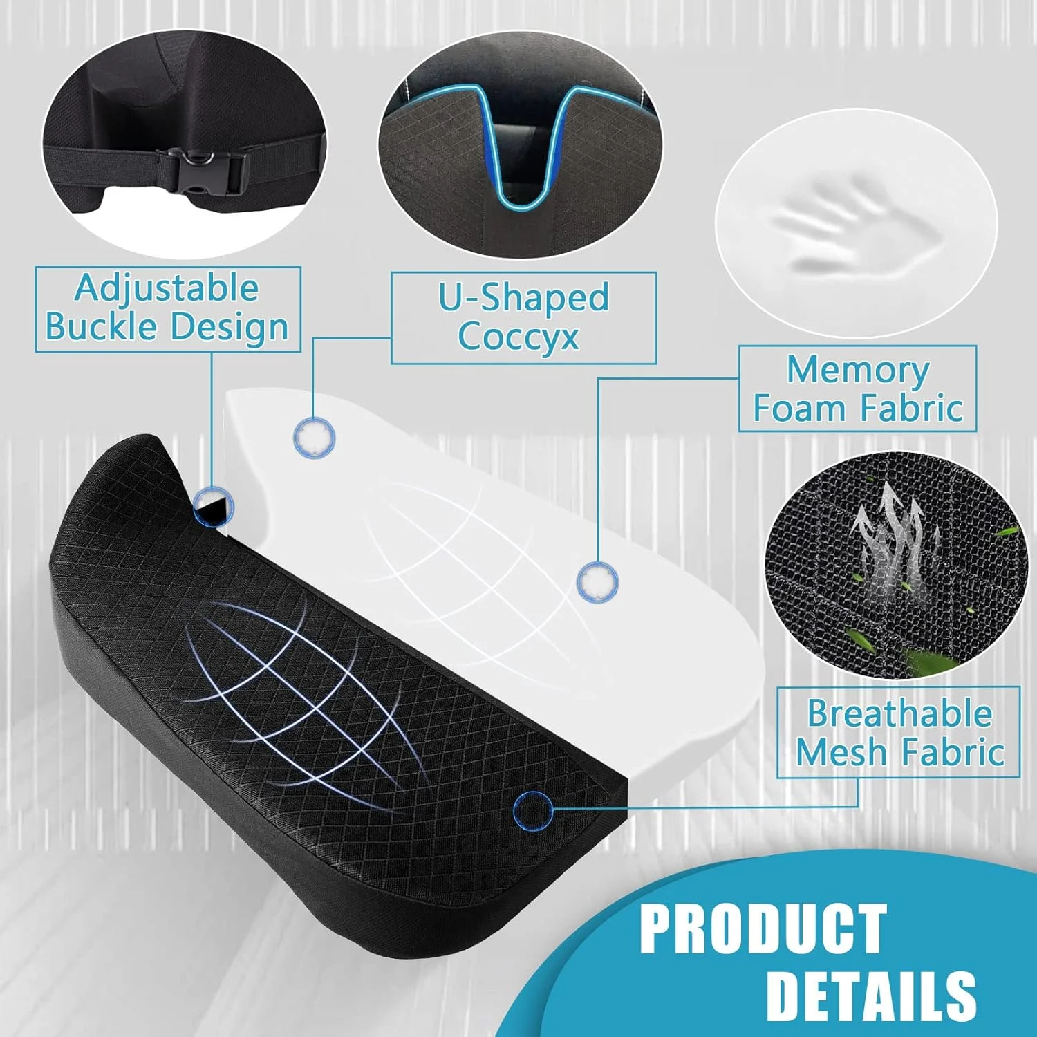 بالشتک صندلی دنبالچه خودرو MYFAMIREA، بالشتک صندلی اداری بلندتر، فوم حافظه دار، گوه افزایش ارتفاع استخوان دنبالچه، مناسب برای فرم باسن، تسکین درد کمر، بالشتک سه بعدی U شکل برای صندلی راننده خودرو (مشکی)