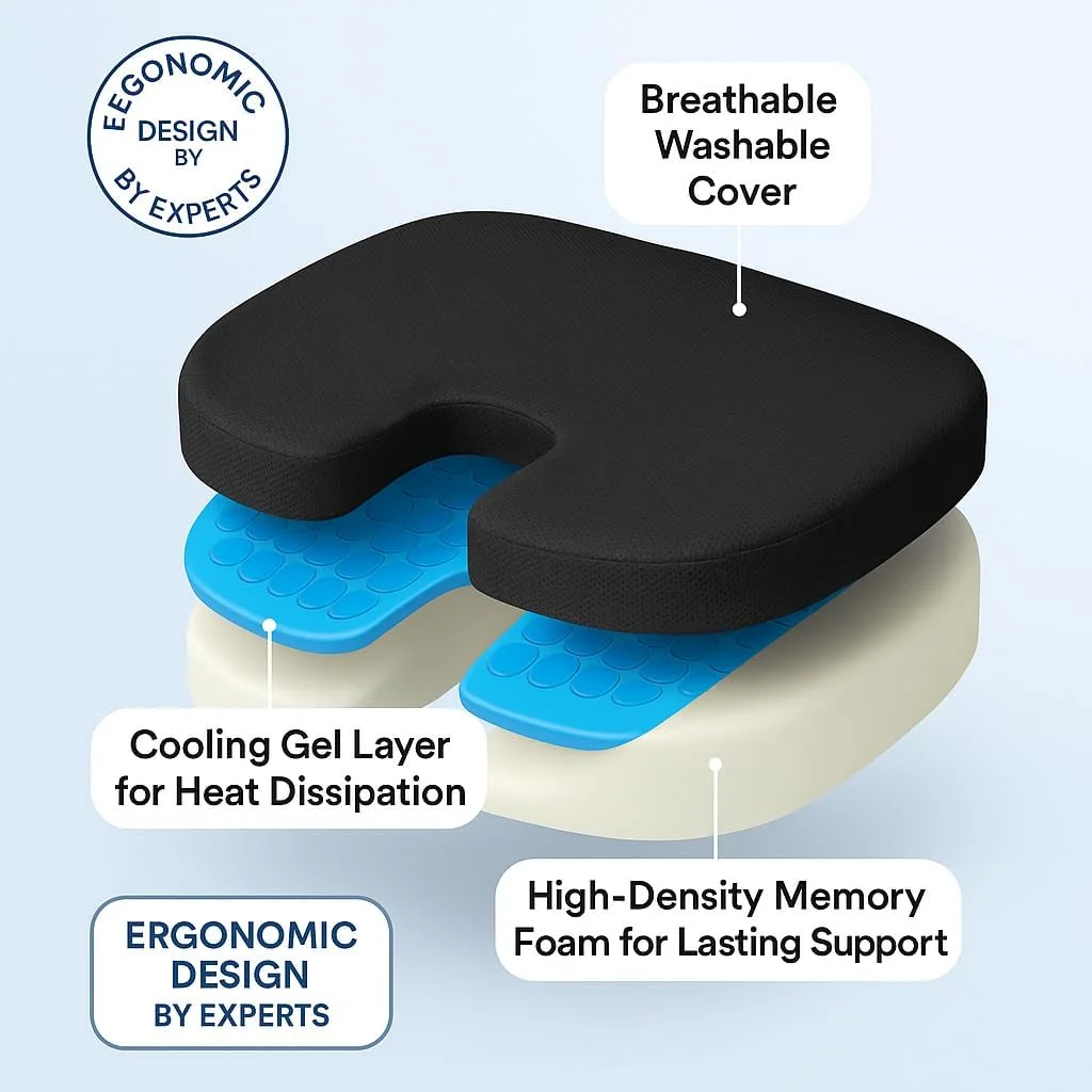 بالشتک صندلی ارتوپدی برای صندلی اداری - بالشتک دنبالچه فوم حافظه دار تقویت شده با ژل برای تسکین درد دنبالچه، سیاتیک و پشتیبانی از کمر - بالش راحتی برای میز، ماشین، ویلچر، مسافرت (مشکی) بالشتک صندلی ارتوپدی برای صندلی اداری - بالشتک دنبالچه فوم حافظه دار تقویت شده با ژل برای تسکین درد دنبالچه، سیاتیک و پشتیبانی از کمر - بالش راحتی برای میز، ماشین، ویلچر، مسافرت (مشکی)