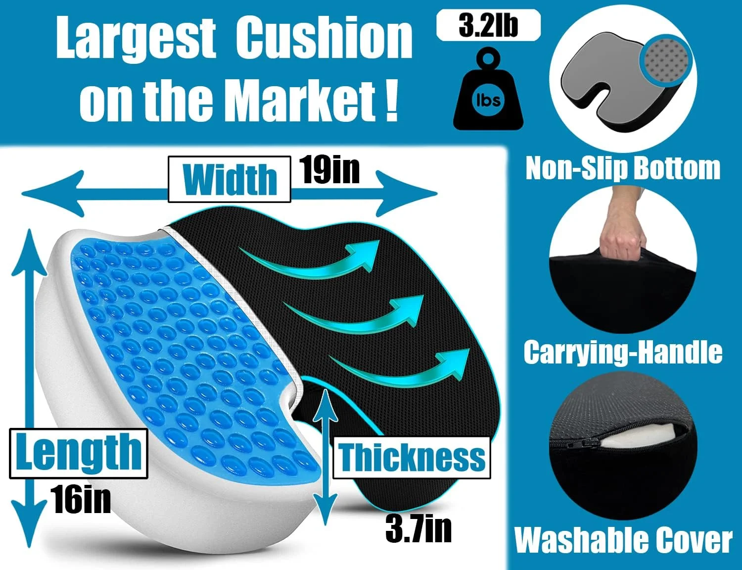 بالشتک صندلی طبی AceRate، فوم حافظه دار ژله ای بسیار بزرگ برای درد کمر، سیاتیک و تسکین دنبالچه برای صندلی اداری و آشپزخانه، ویلچر، ماشین، کامیون (XL-مشکی)