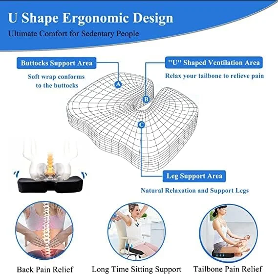 بالشتک صندلی نوجوم برای صندلی اداری، فوم حافظه دار ضد لغزش، بالشتک صندلی میز، تسکین درد دنبالچه، سیاتیک، استخوان دنبالچه، بالشتک باسن برای صندلی اداری، ماشین، ویلچر (مشکی)