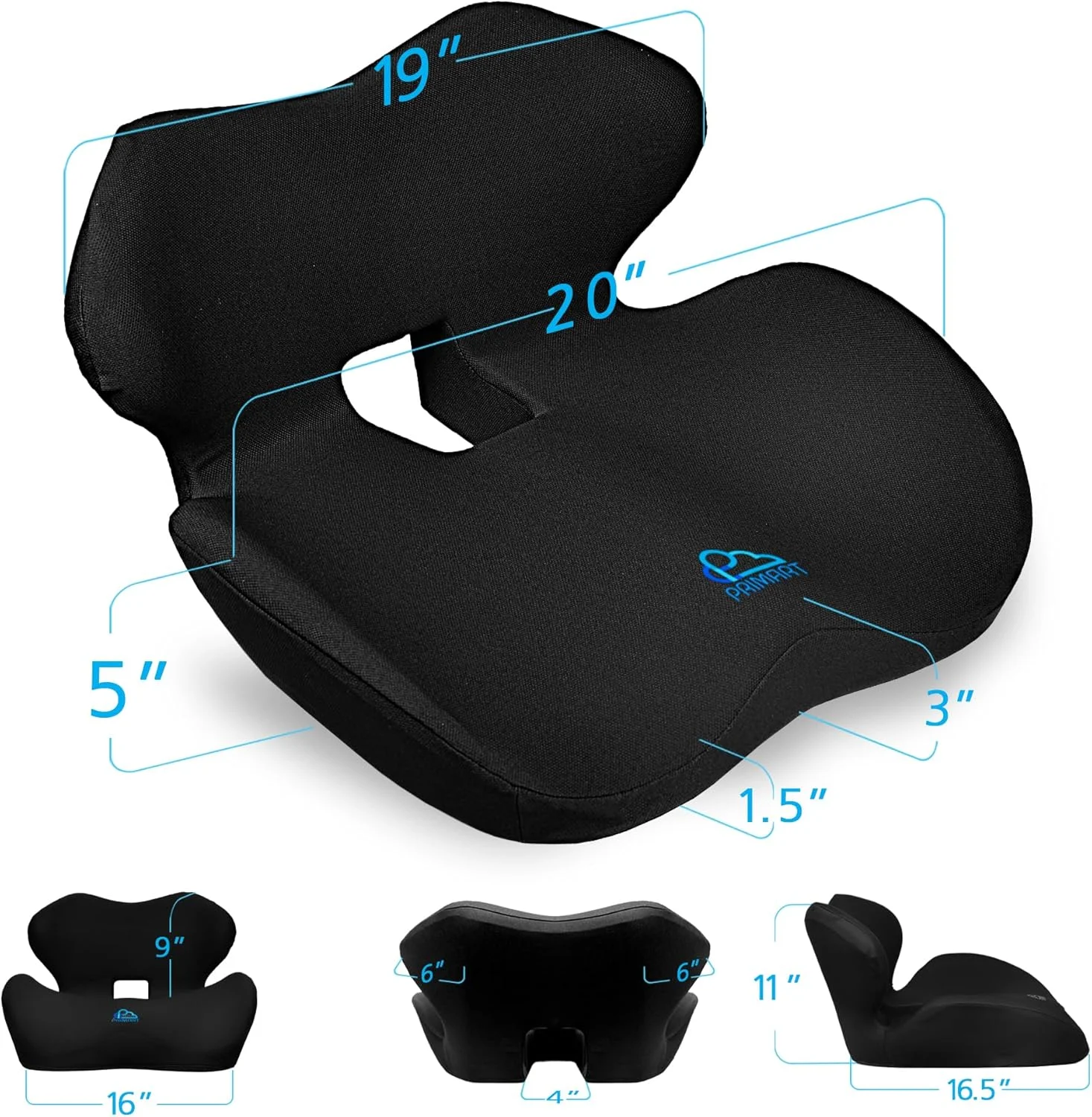 بالشتک صندلی فوم حافظه دار ارگونومیک پریمارت برای صندلی اداری، صندلی خودرو، صندلی گیمینگ، صندلی غذاخوری | تسکین درد و فشار سیاتیک، دنبالچه و استخوان خاجی | پشتیبانی از کمر و پشت | طراحی ارتوپدی