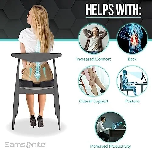 بالشتک صندلی طبی سامسونیت برای صندلی اداری یا صندلی ماشین [فوم حافظه دار درجه بالا]، بالش حمایتی چند منظوره با روکش مخملی نرم [ضخامت 2.75 اینچ]، مشکی