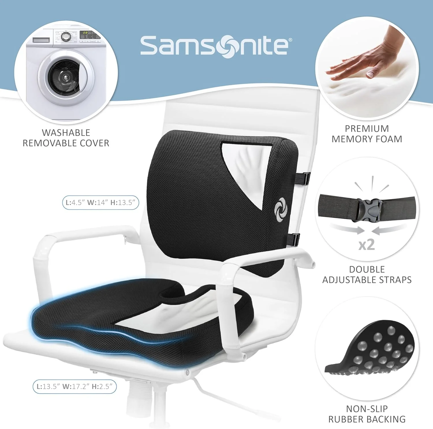 ست پشتیبانی کمر و کوسن صندلی 2 در 1 سامسونیت، فوم حافظه دار با درجه کیفی بالا و متعادل کننده حرکت، مناسب برای اکثر صندلی های اداری و صندلی خودرو، ارتقا دهنده کار و زندگی و افزایش تمرکز در طول روز ست پشتیبانی کمر و کوسن صندلی 2 در 1 سامسونیت، فوم حافظه دار با درجه کیفی بالا و متعادل کننده حرکت، مناسب برای اکثر صندلی های اداری و صندلی خودرو، ارتقا دهنده کار و زندگی و افزایش تمرکز در طول روز