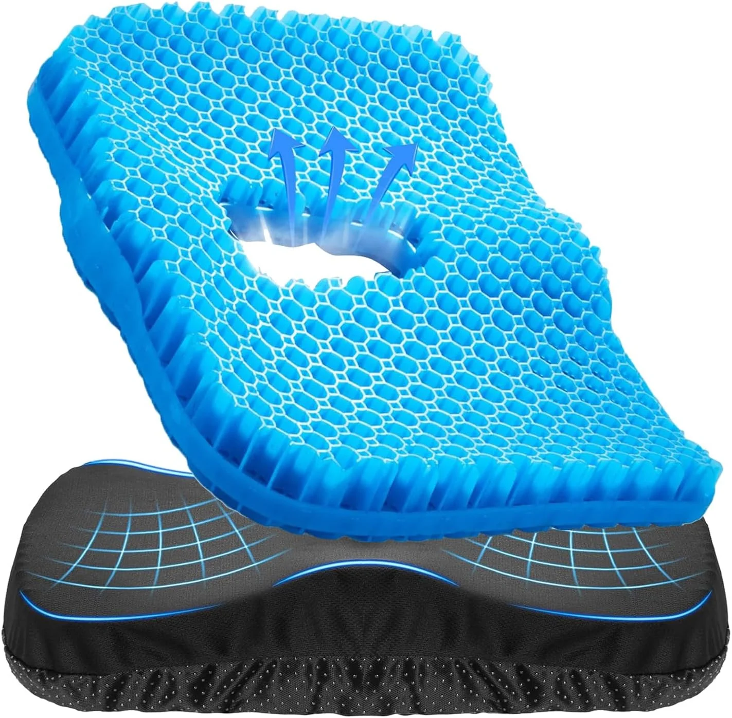 بالشتک صندلی فوم مموری ژل خنک کننده - پد لانه زنبوری تنفسی برای تسکین درد سیاتیک و دنبالچه، کاهش فشار و توزیع وزن برای دفتر، ماشین، ویلچر، خانه