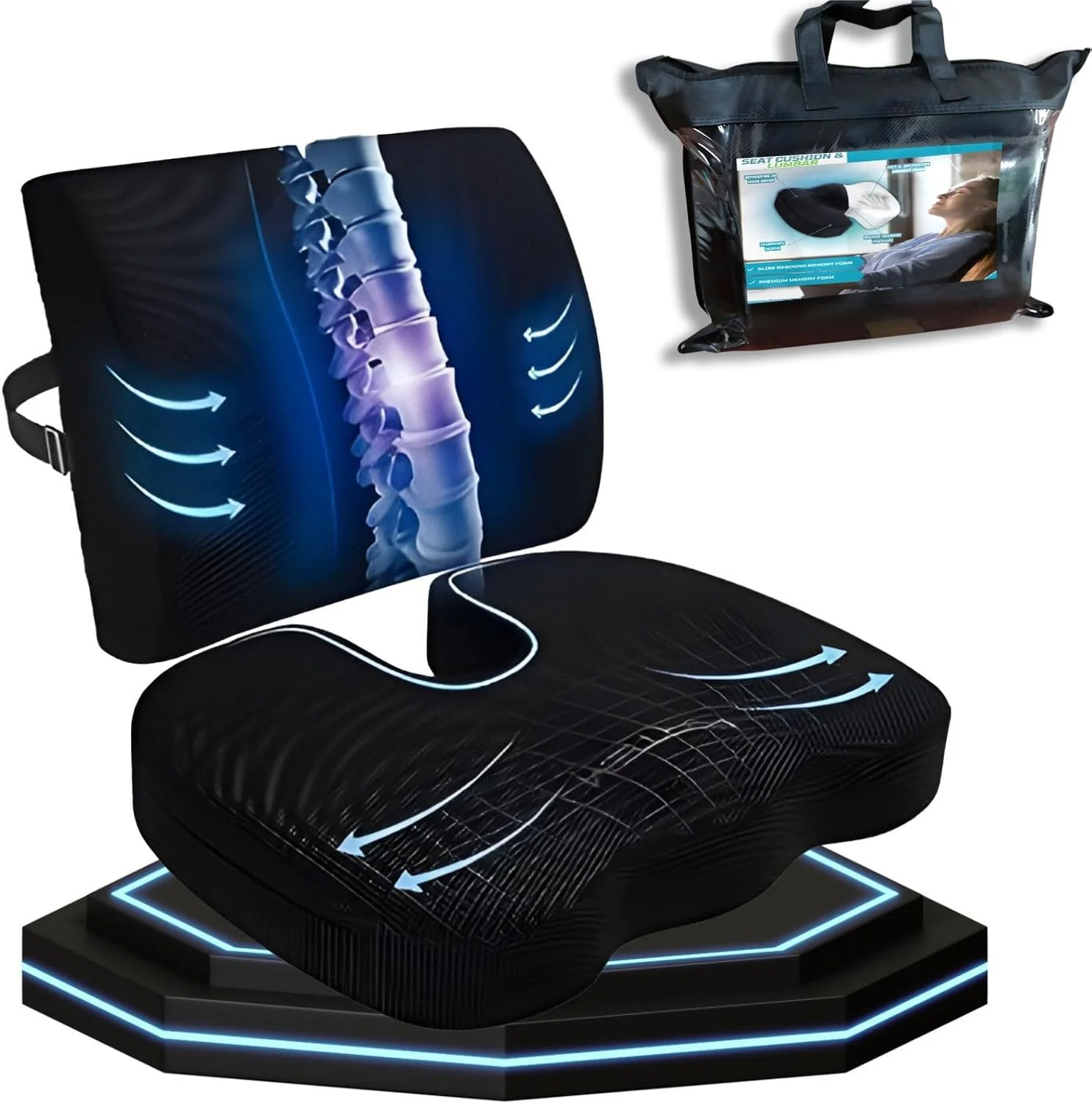 بالشتک صندلی ارتوپدی و پشتی کمری SOFIA® - فوم حافظه دار برای صندلی اداری، خودرو و ویلچر - بالشتک دنبالچه برای تسکین درد دنبالچه و سیاتیک - روکش قابل شستشو، بند قابل تنظیم و کیف هدیه.