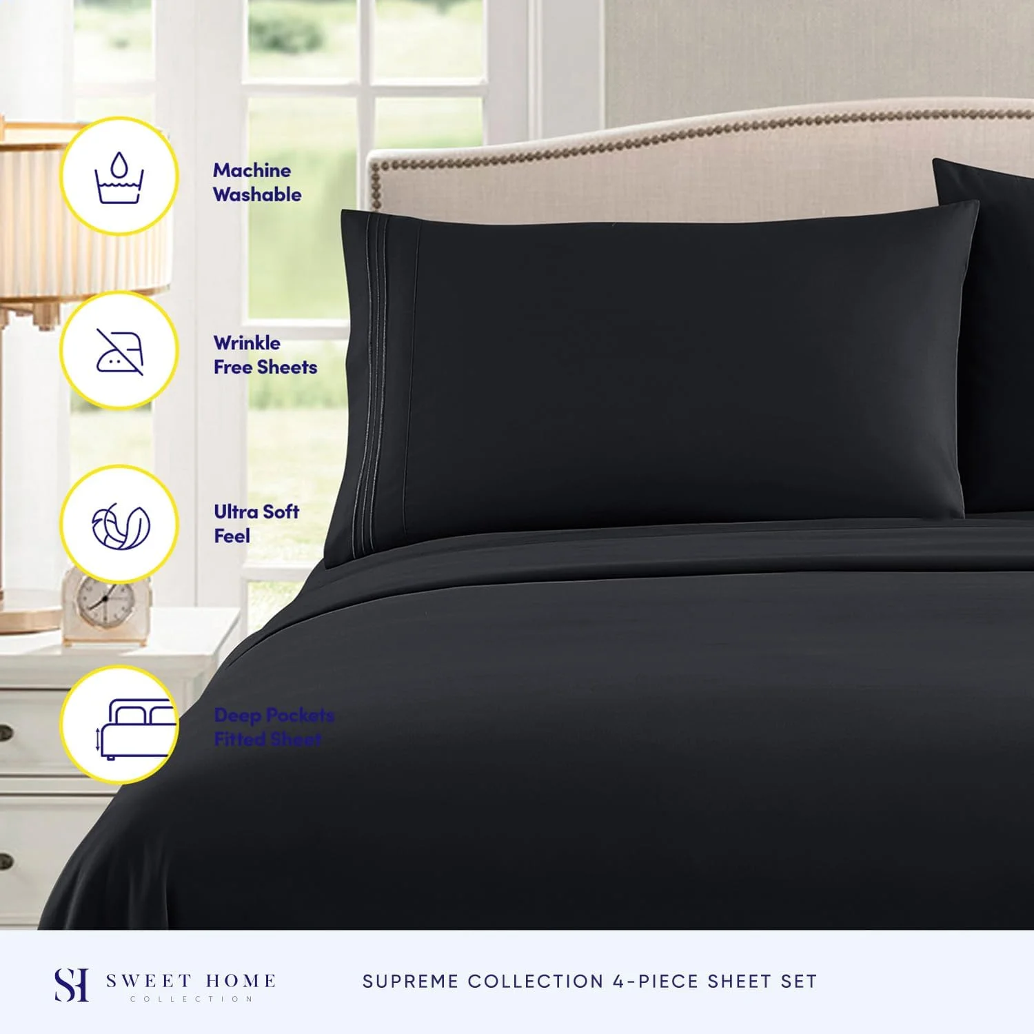 ست ملحفه کالیفرنیا کینگ سوییت هوم کالکشن - ملحفه‌های لوکس و قابل تنفس با کش کامل و بندهای گوشه محکم - ست ملحفه 1800 سوپریم کالیفرنیا کینگ با جیب عمیق، ست، کالیفرنیا کینگ، مشکی