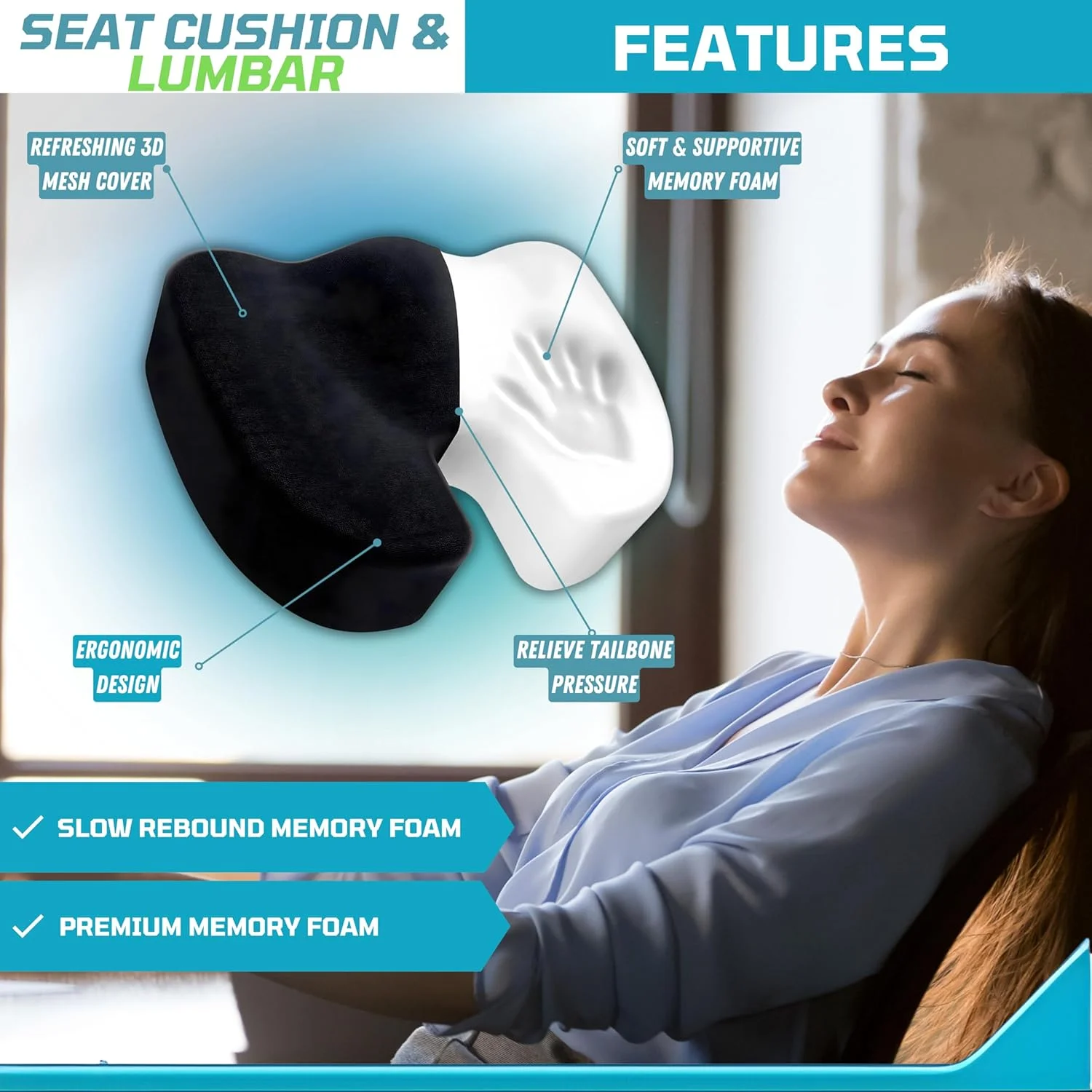 بالشتک صندلی ارتوپدی و پشتی کمری SOFIA® - فوم حافظه دار برای صندلی اداری، خودرو و ویلچر - بالشتک دنبالچه برای تسکین درد دنبالچه و سیاتیک - روکش قابل شستشو، بند قابل تنظیم و کیف هدیه. بالشتک صندلی ارتوپدی و پشتی کمری SOFIA® - فوم حافظه دار برای صندلی اداری، خودرو و ویلچر - بالشتک دنبالچه برای تسکین درد دنبالچه و سیاتیک - روکش قابل شستشو، بند قابل تنظیم و کیف هدیه.