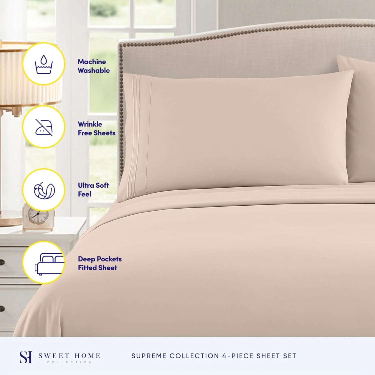 ست ملحفه Sweet Home Collection با تراکم بافت 1800 – ملحفه‌های نرم از جنس میکروفیبر برس خورده با کیفیت مصری – ست روتختی لوکس شامل ملحفه رو، ملحفه کش‌دار و 2 روبالشتی