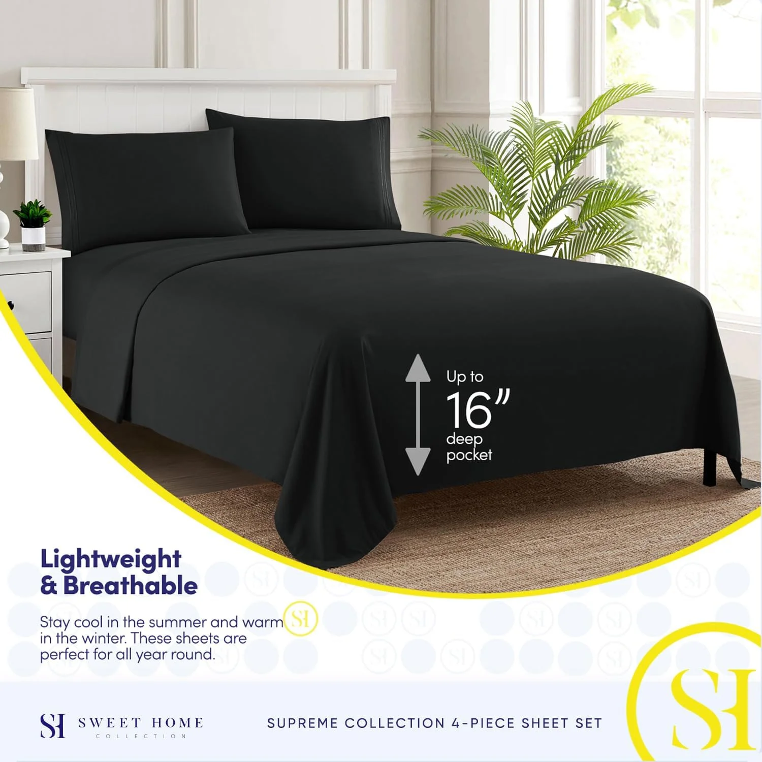 ست ملحفه کالیفرنیا کینگ سوییت هوم کالکشن - ملحفه‌های لوکس و قابل تنفس با کش کامل و بندهای گوشه محکم - ست ملحفه 1800 سوپریم کالیفرنیا کینگ با جیب عمیق، ست، کالیفرنیا کینگ، مشکی