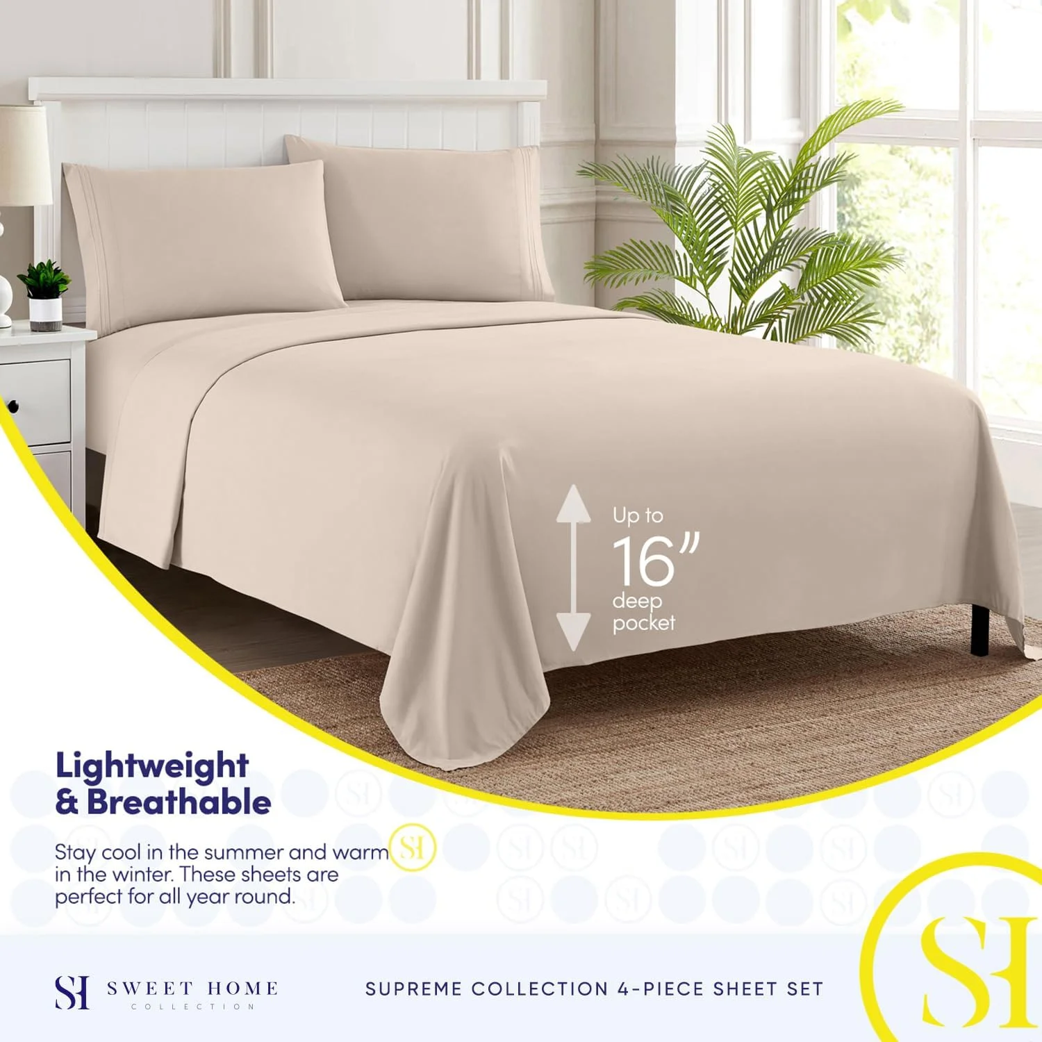 ست ملحفه Sweet Home Collection با تراکم بافت 1800 – ملحفه‌های نرم از جنس میکروفیبر برس خورده با کیفیت مصری – ست روتختی لوکس شامل ملحفه رو، ملحفه کش‌دار و 2 روبالشتی