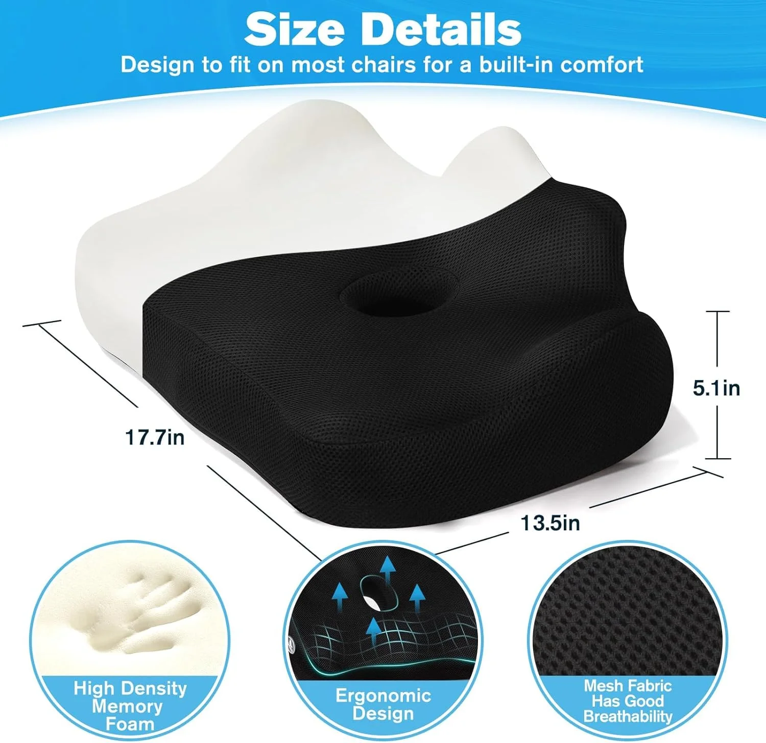 بالشتک صندلی مموری فوم اسپاردار، روکش مخملی نرم با زیره ضد لغزش، تسکین ارتوپدی درد دنبالچه، استخوان خاجی، سیاتیک و کمر برای صندلی اداری، صندلی ماشین و ویلچر